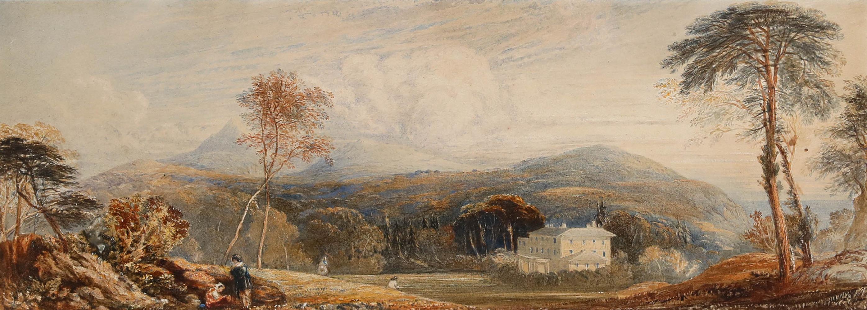 Belle aquarelle du XIXe siècle représentant une vue d'un manoir de campagne avec des collines ondulantes, des arbres épars et des montagnes lointaines. Cette œuvre est caractérisée par un travail de pinceau délicat, l'artiste accordant une grande