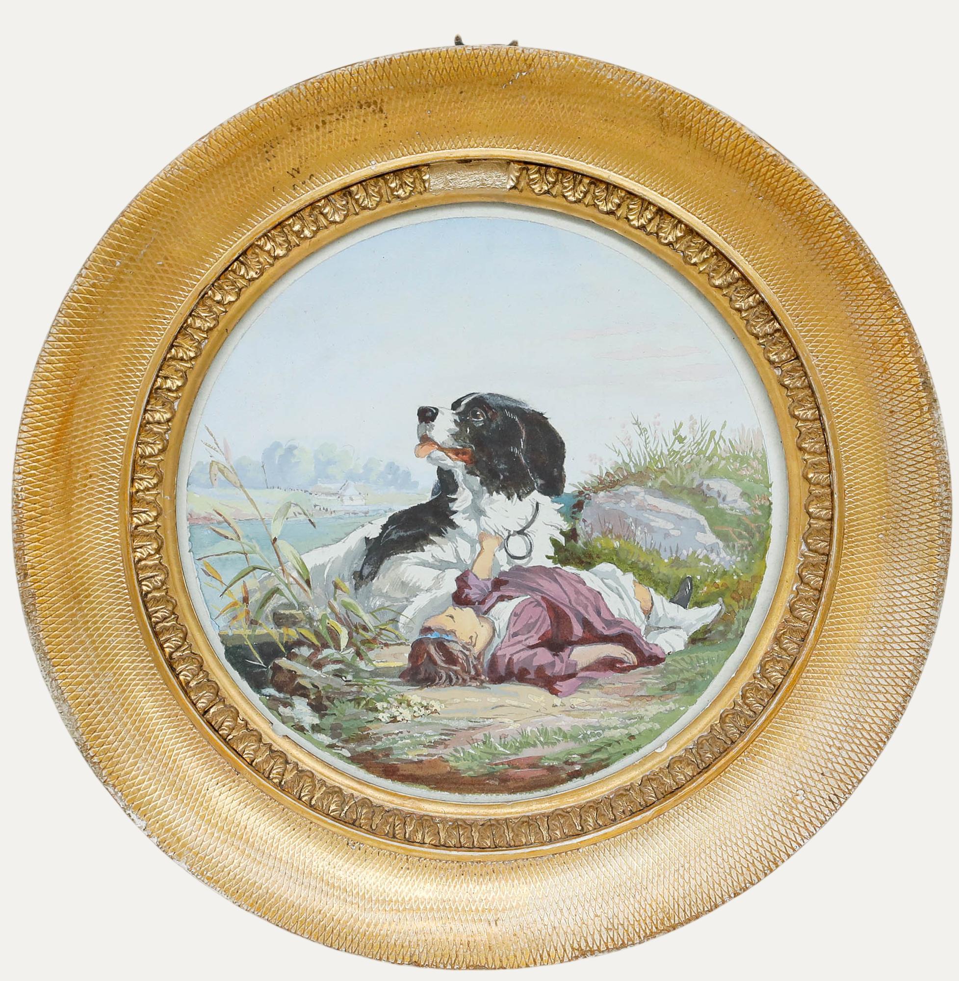 Figurative Art Unknown - Aquarelle encadrée du 20e siècle - Un fidèle compagnon