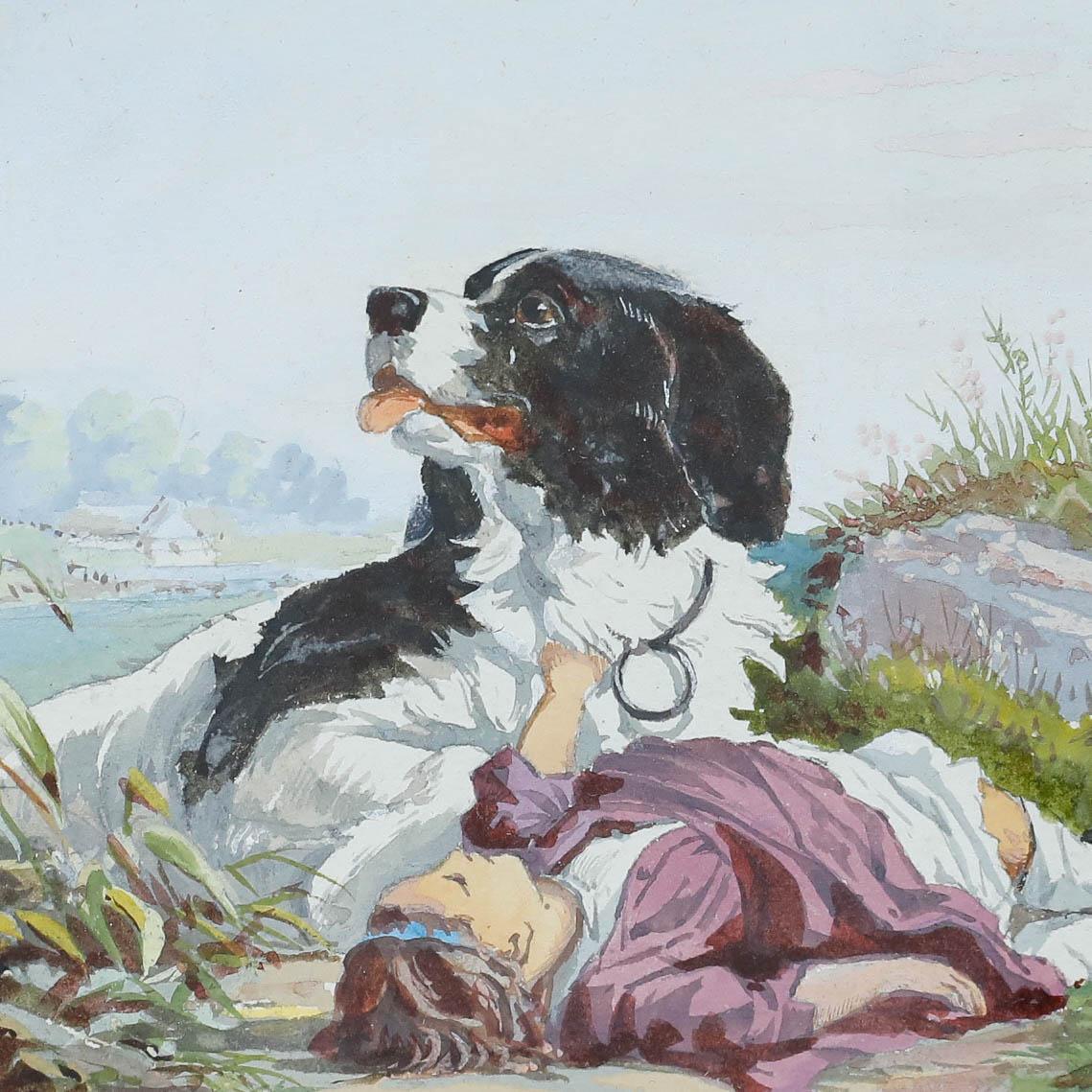 Une charmante étude à l'aquarelle et à la gouache d'un jeune enfant, allongé en plein air avec un épagneul springer noir et blanc. Bien présenté dans un cadre circulaire doré avec des hachures et un décor de feuillage sur le profil. Non signée. Sur