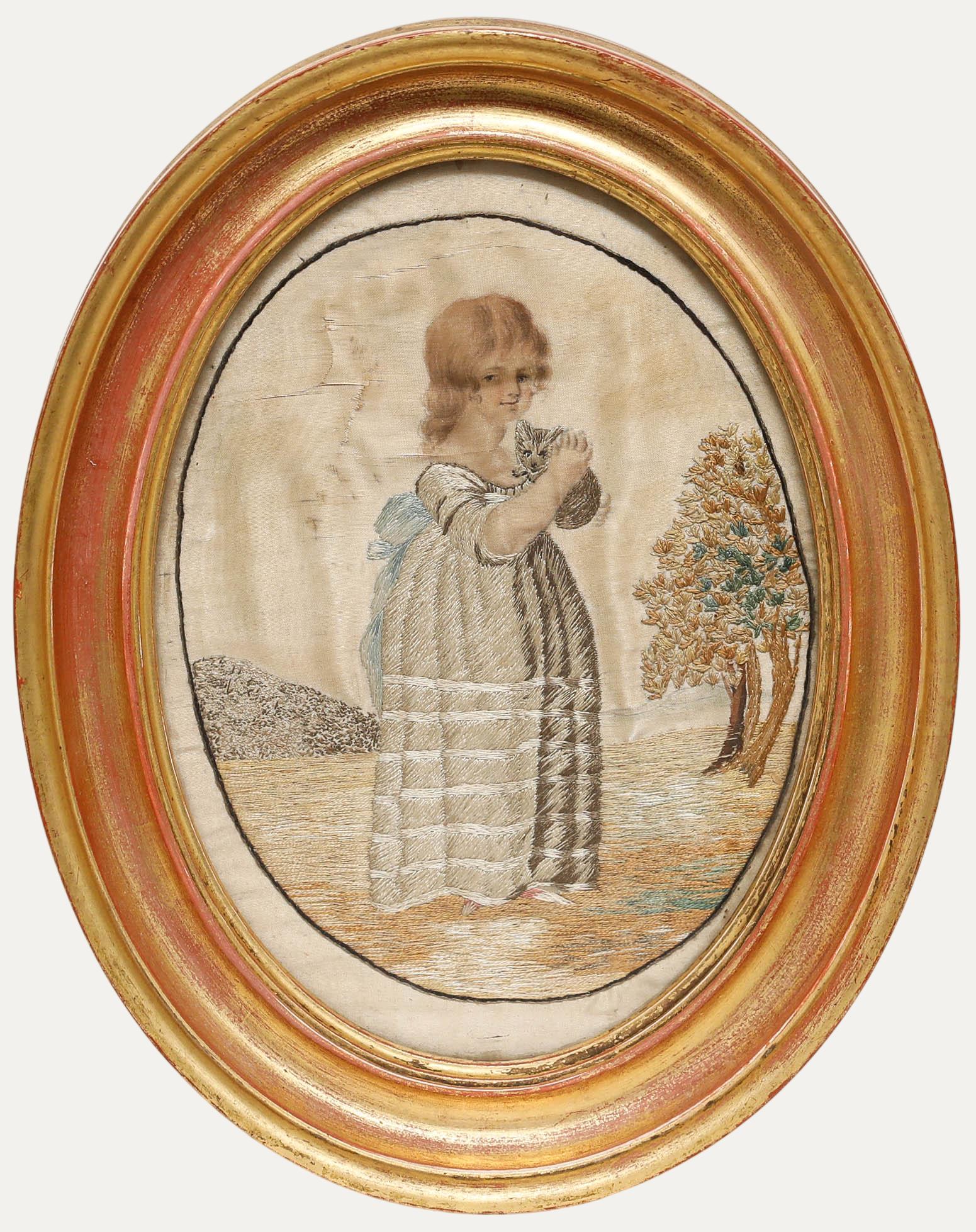 Ricamo georgiano dell'inizio del XIX secolo incorniciato - Ragazza con gattino - Art di Unknown