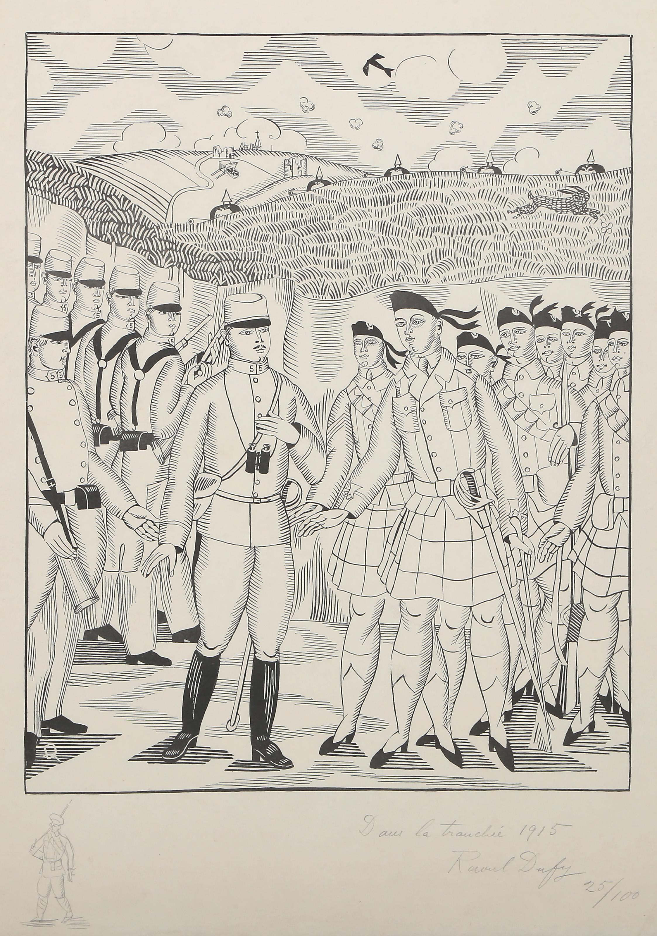 Raoul Dufy, French (1877 - 1953) - Tirez les Premiers, Messieurs les Francais, Year:  1915, Medium:  Woodcut and Pencil Drawing, signed, dated and numbered in pencil, Edition:  25/100, Image Size:  18.75 x 15 inches, Size:  25.5 x 19.5 in. (64.77 x