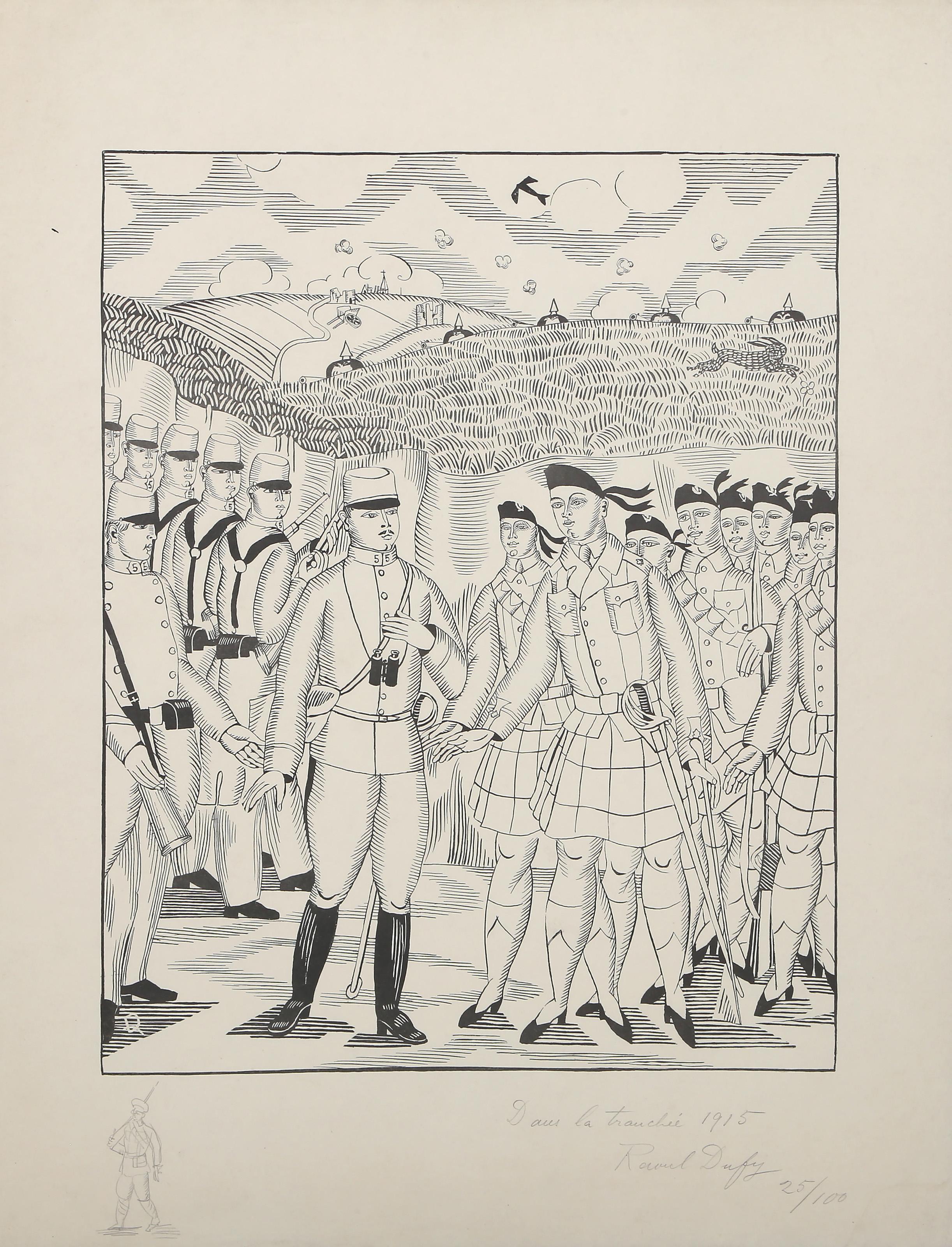 Tirez les Premiers, Messieurs les Français - Impressionist Woodcut by Raoul Dufy For Sale 1