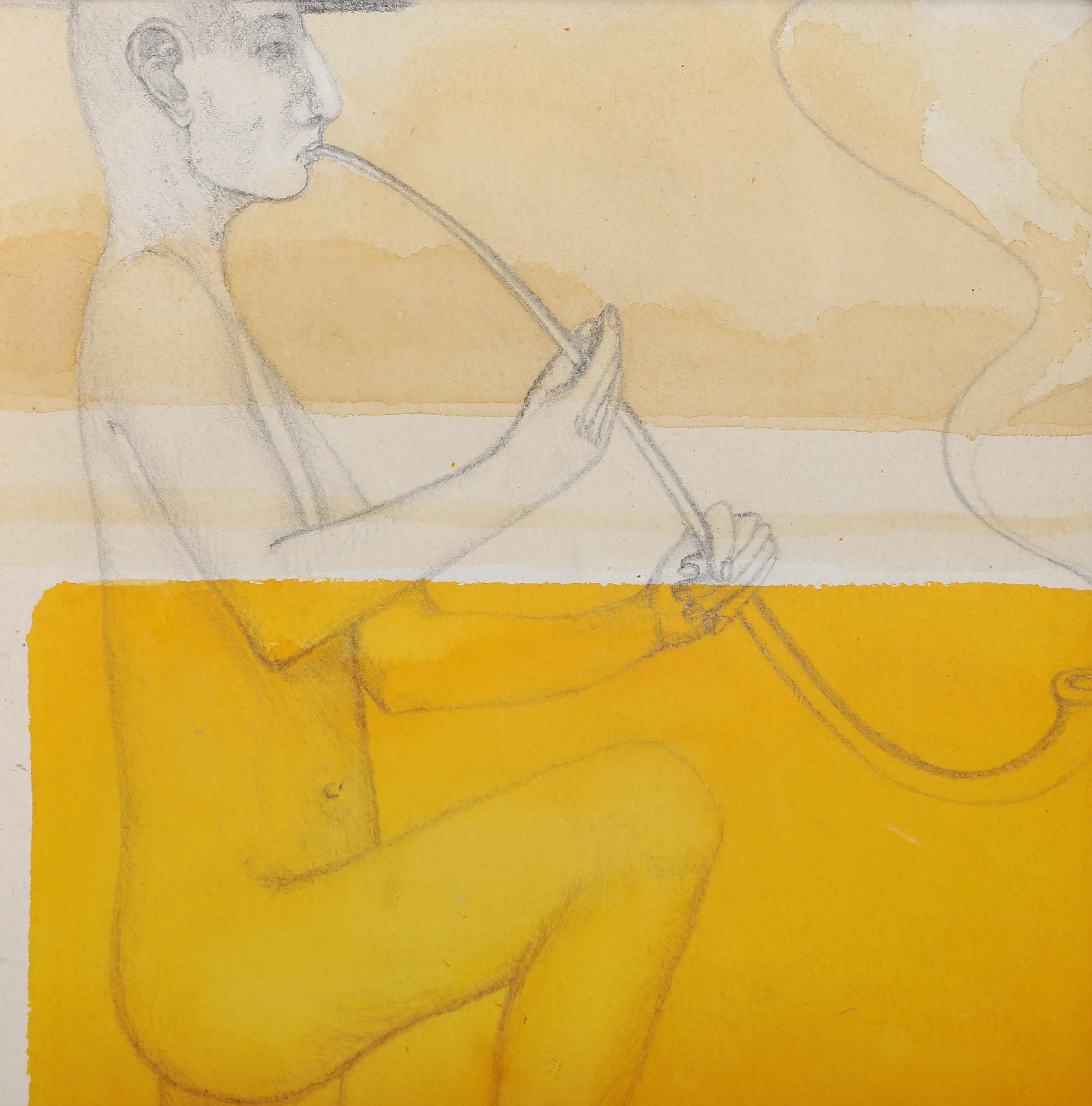 Man Smoking Pipe, Modern Watercolor and Graphite by Paul Kohn - Art by Unknown