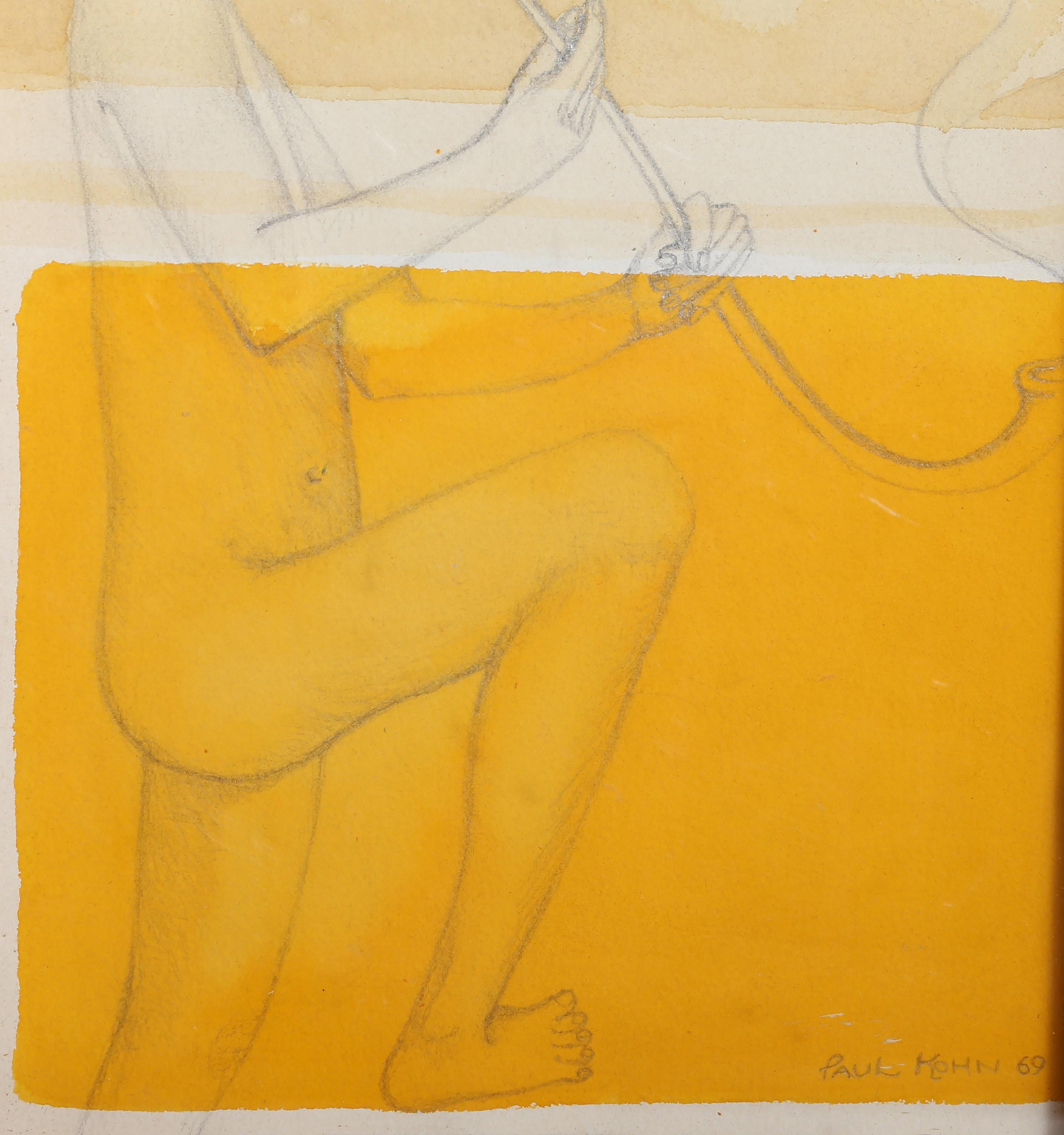 Man Smoking Pipe, Modern Watercolor and Graphite by Paul Kohn - Beige Figurative Art by Unknown
