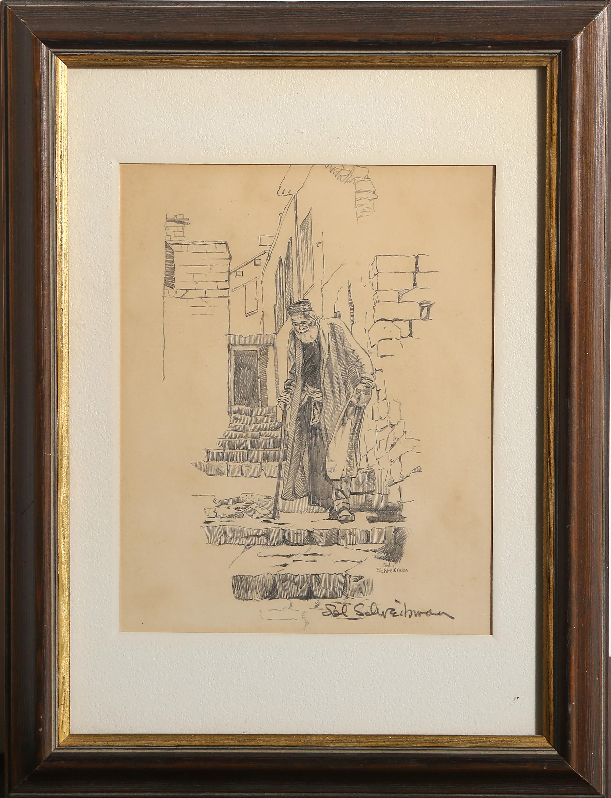Figurative Art di Unknown - Uomo che cammina per strada, disegno a matita moderno di Sol Schreibman