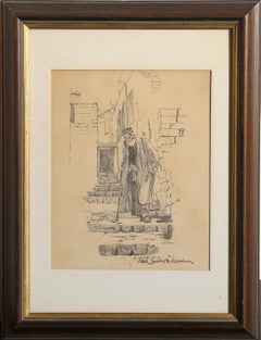Uomo che cammina per strada, disegno a matita moderno di Sol Schreibman