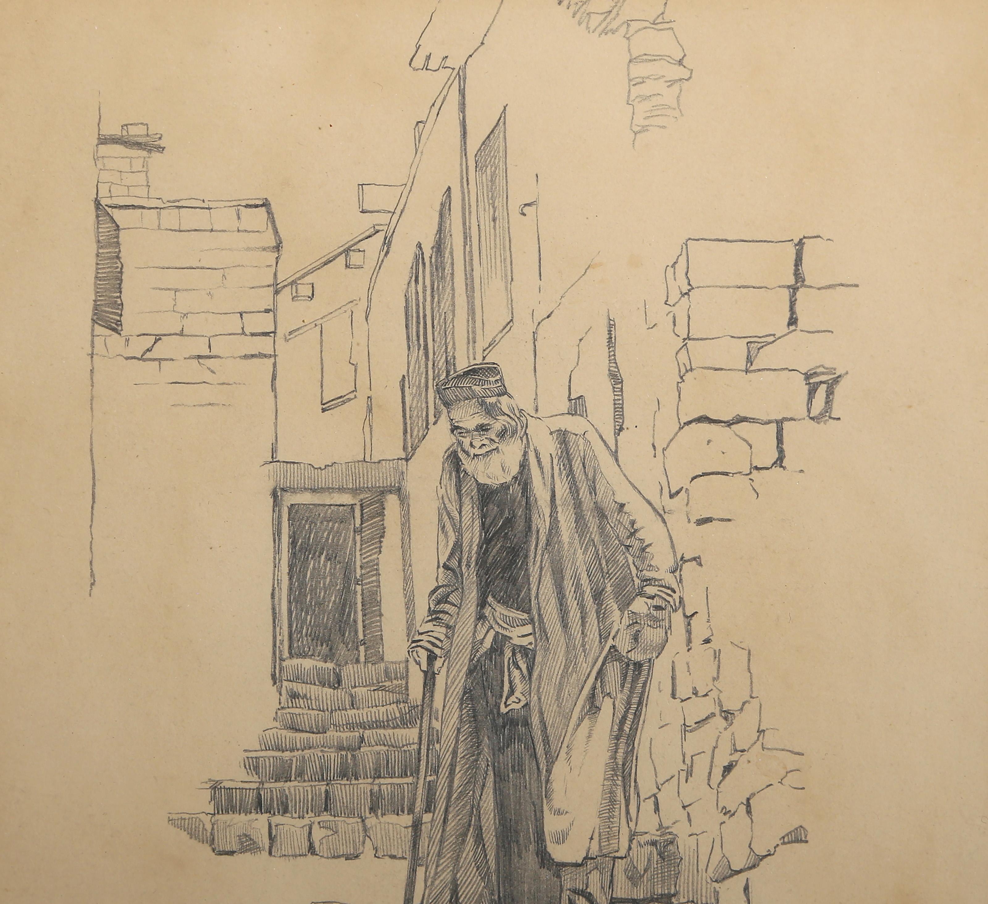 Uomo che cammina per strada, disegno a matita moderno di Sol Schreibman - Art di Unknown