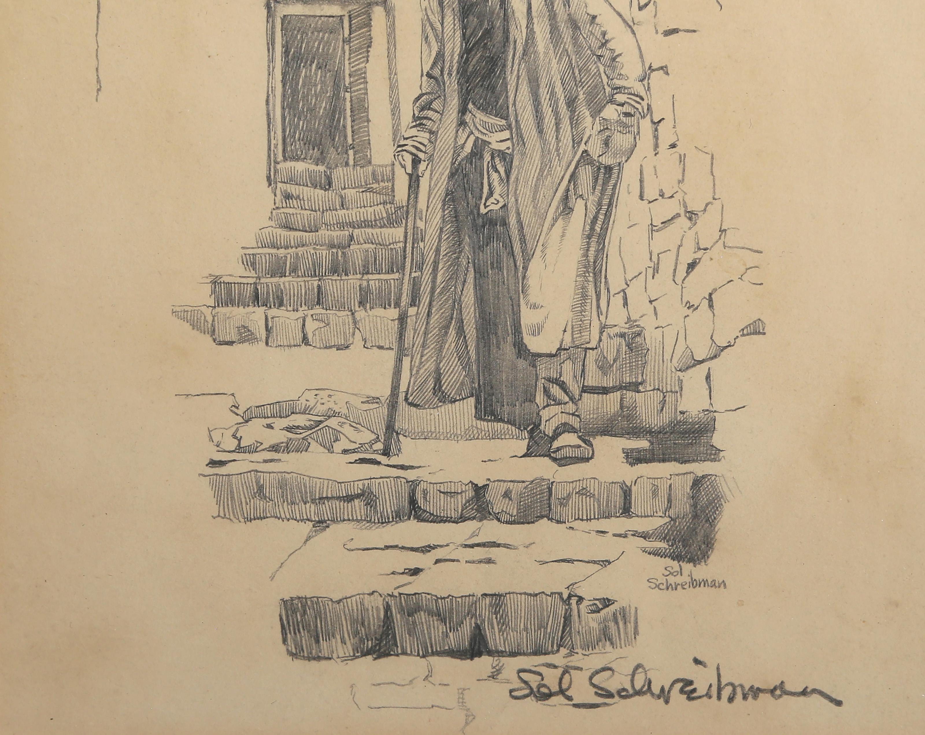 Uomo che cammina per strada, disegno a matita moderno di Sol Schreibman - Art Moderno di Unknown