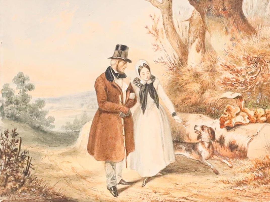 German School Mitte des 19. Jahrhunderts Aquarell - Ein romantischer Spaziergang (Weiß), Figurative Art, von Unknown