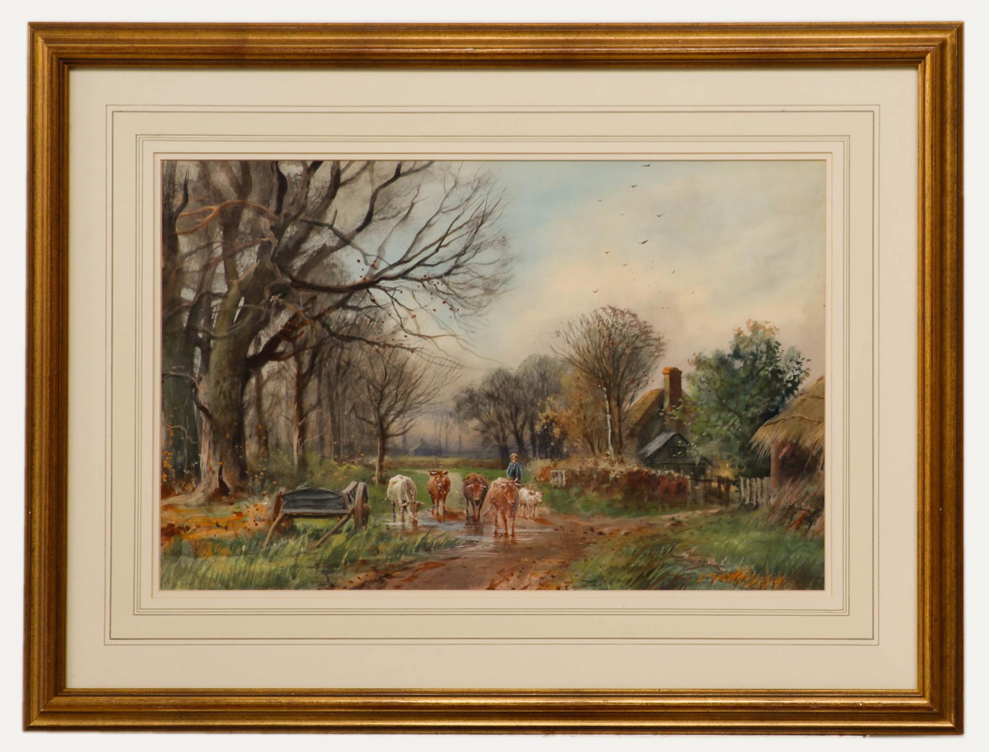 20th Century Watercolour - Cattle in the Stream