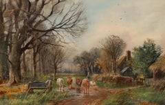 20th Century Watercolour - Cattle in the Stream