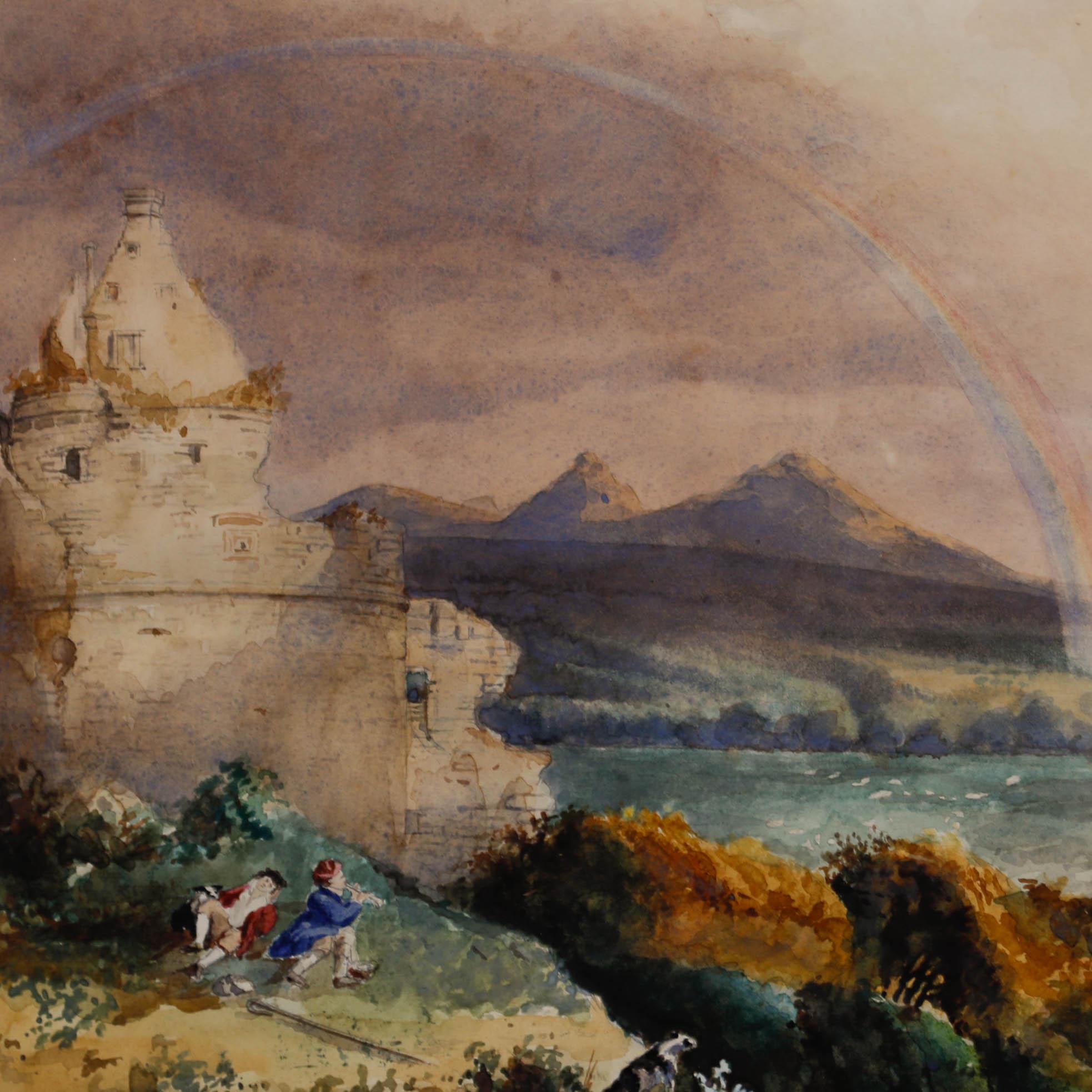 19th Century Watercolour - View of the Double Rainbow - Beige Landscape Art by Unknown