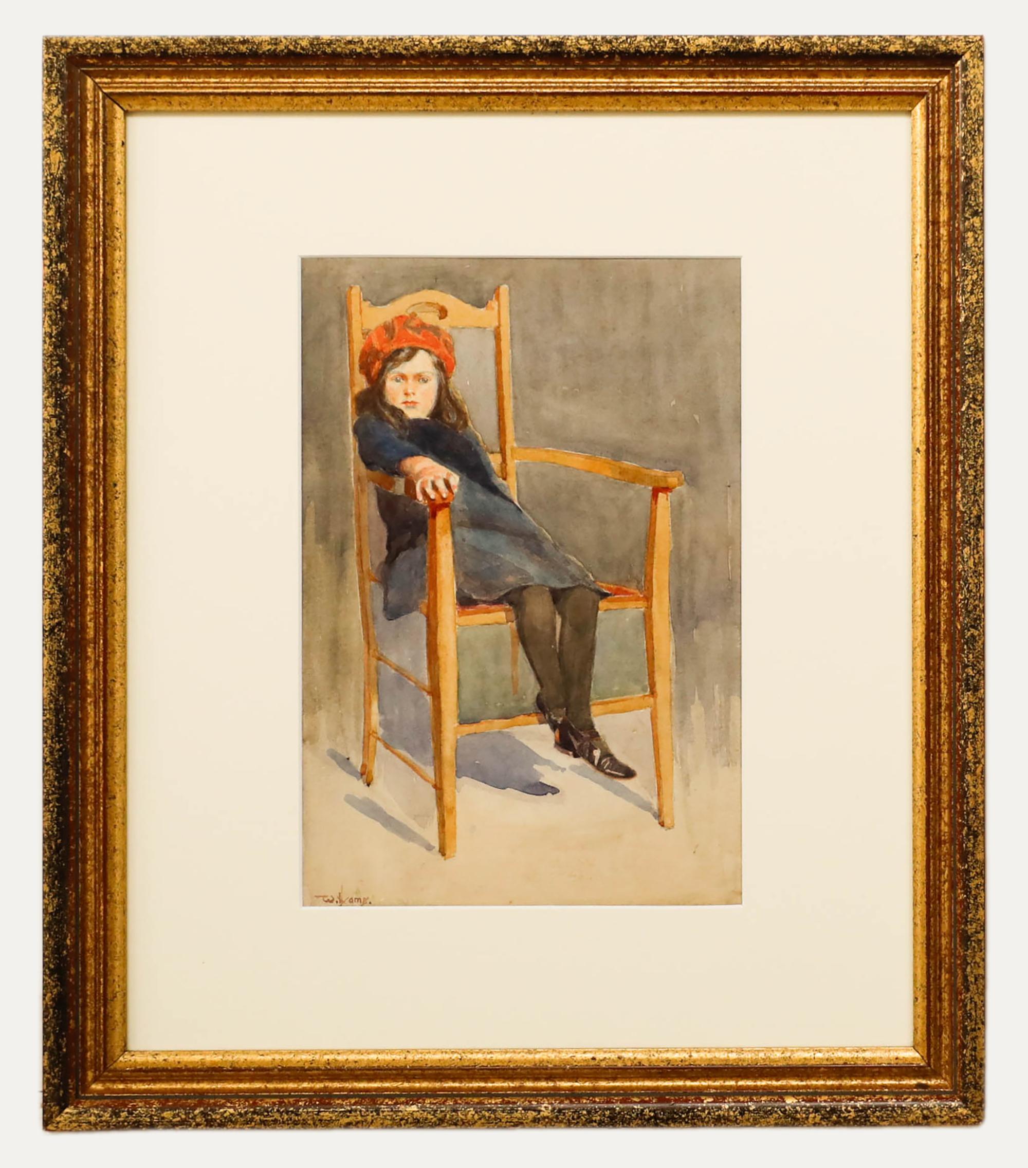 A delightful watercolour portrait of William Hyams's daughter seated on a large wooden chair. Well presented in a modern gilt frame. Signed in the lower left. On paper.