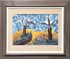 Niño y perro junto a la casa, acuarela y gouache de arte popular sobre tabla de Ari Gradus