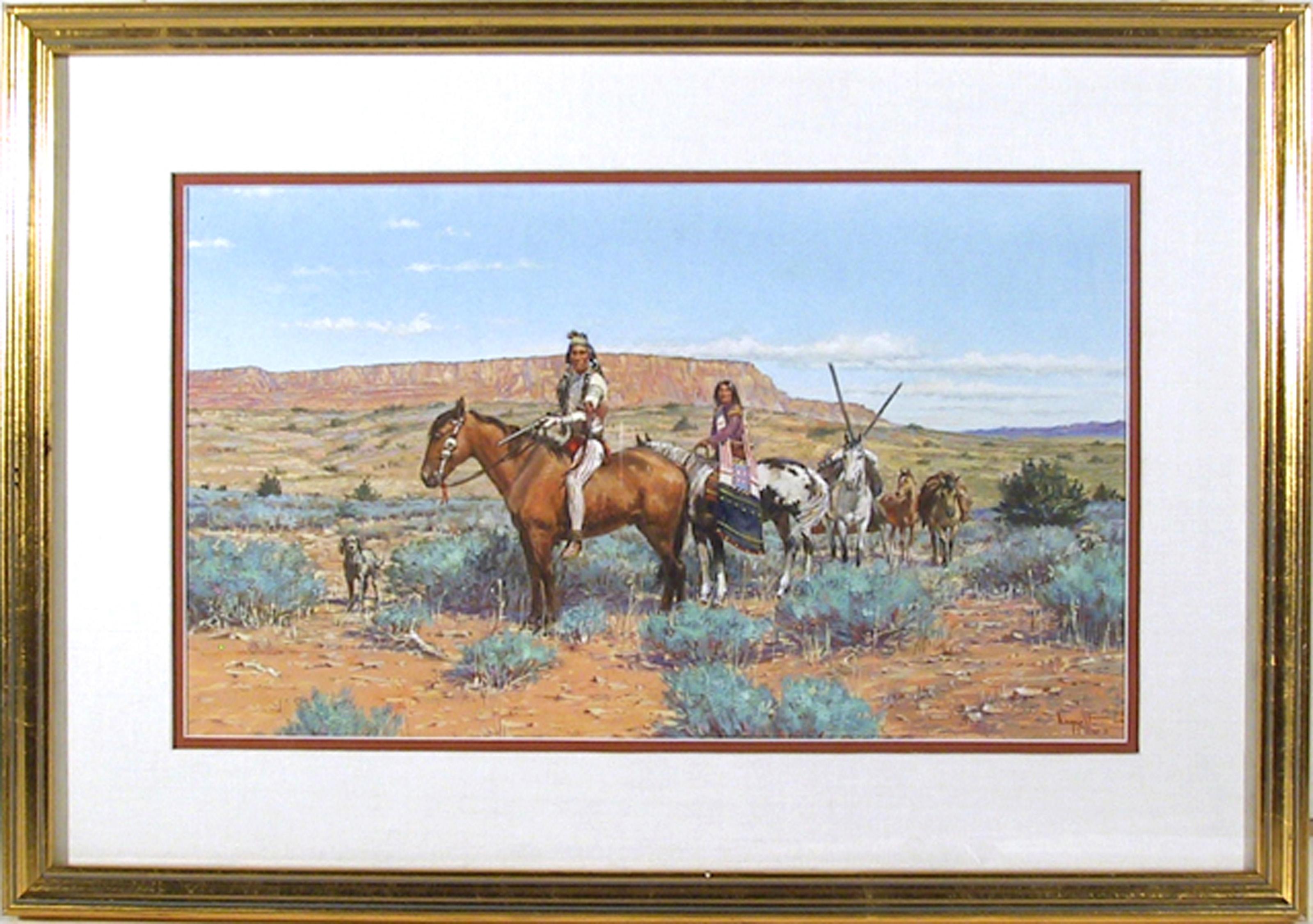 Guarded New Bride, Pintura al gouache sobre tabla de arte del oeste americano por Noel Dagget