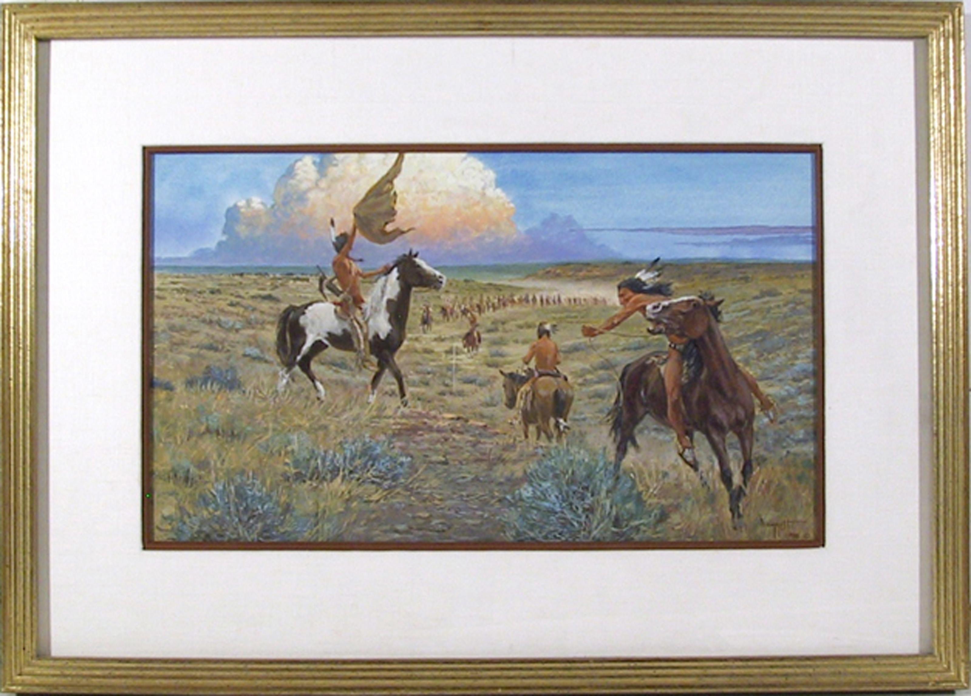 Noel Daggett, American (1925 - 2005) - Saheila (Cheyenne meets Sioux-Teton)[Cheyenne for 'We Meet'), Year:  1988, Medium:  Gouache on Board, signed and dated, Size:  10  x 17 in. (25.4  x 43.18 cm), Frame Size:  17 x 24 inches, Description:  Forming
