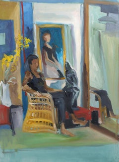 Femme assise, peinture contemporaine à l'huile et à l'acrylique sur papier de Joan Kraisky