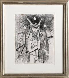 Figura surrealista en un paisaje espacial, dibujo surrealista a lápiz de cera de Roberto Matta