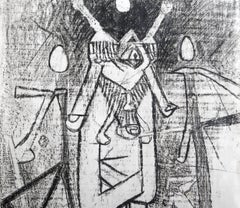 Figura surrealista in un paesaggio spaziale, disegno surrealista a pastello a cera di Roberto Matta