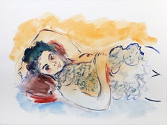 Donna reclinata I, acquerello e guazzo impressionista di Wayne Ensrud
