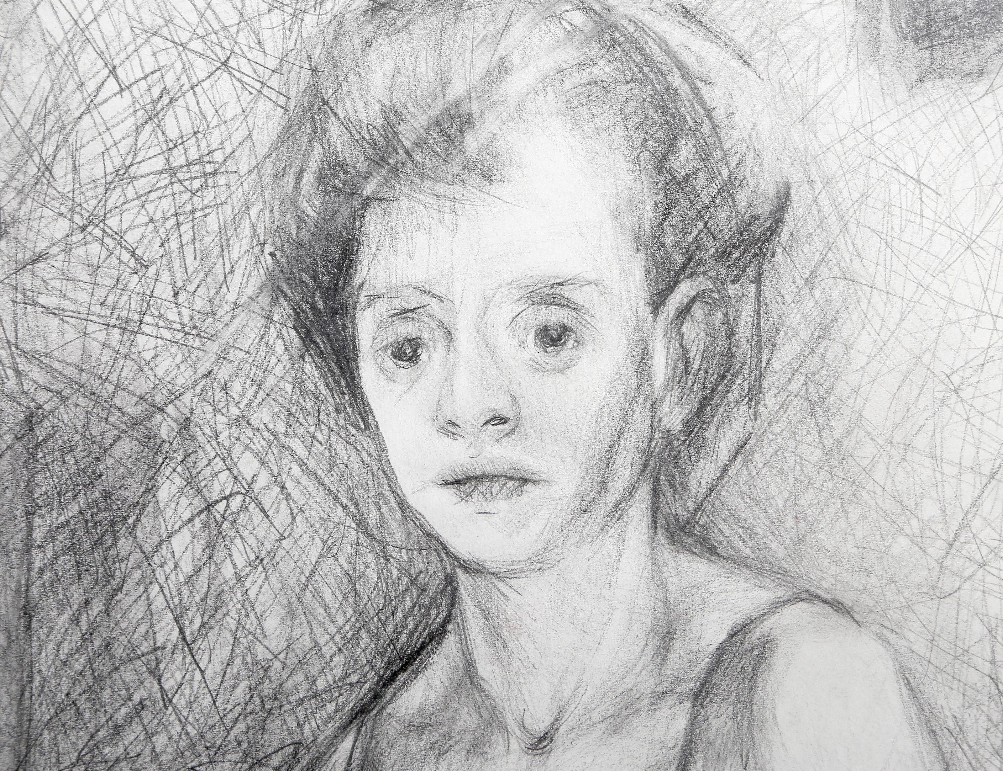 Interieur-Self-Portrait, fotorealistische Graphitzeichnung von Lisa Martin im Angebot 1