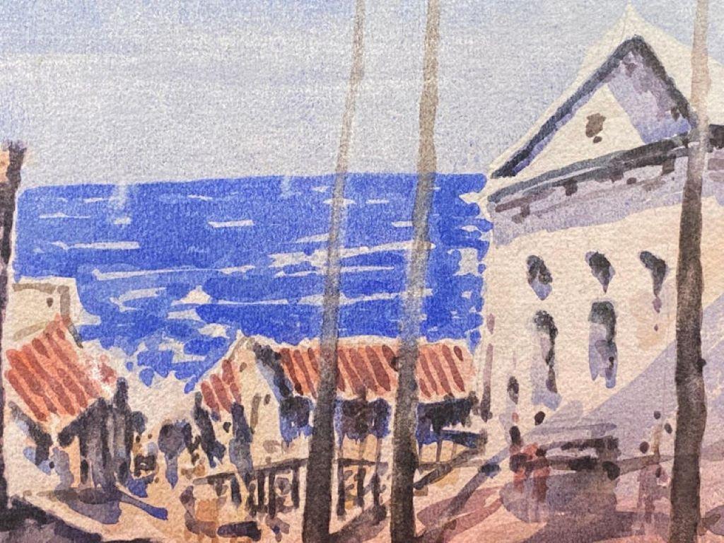 Maurice Mazeilie, Acuarela impresionista francesa, Ciudad de playa - Landscape Art Gris de Unknown