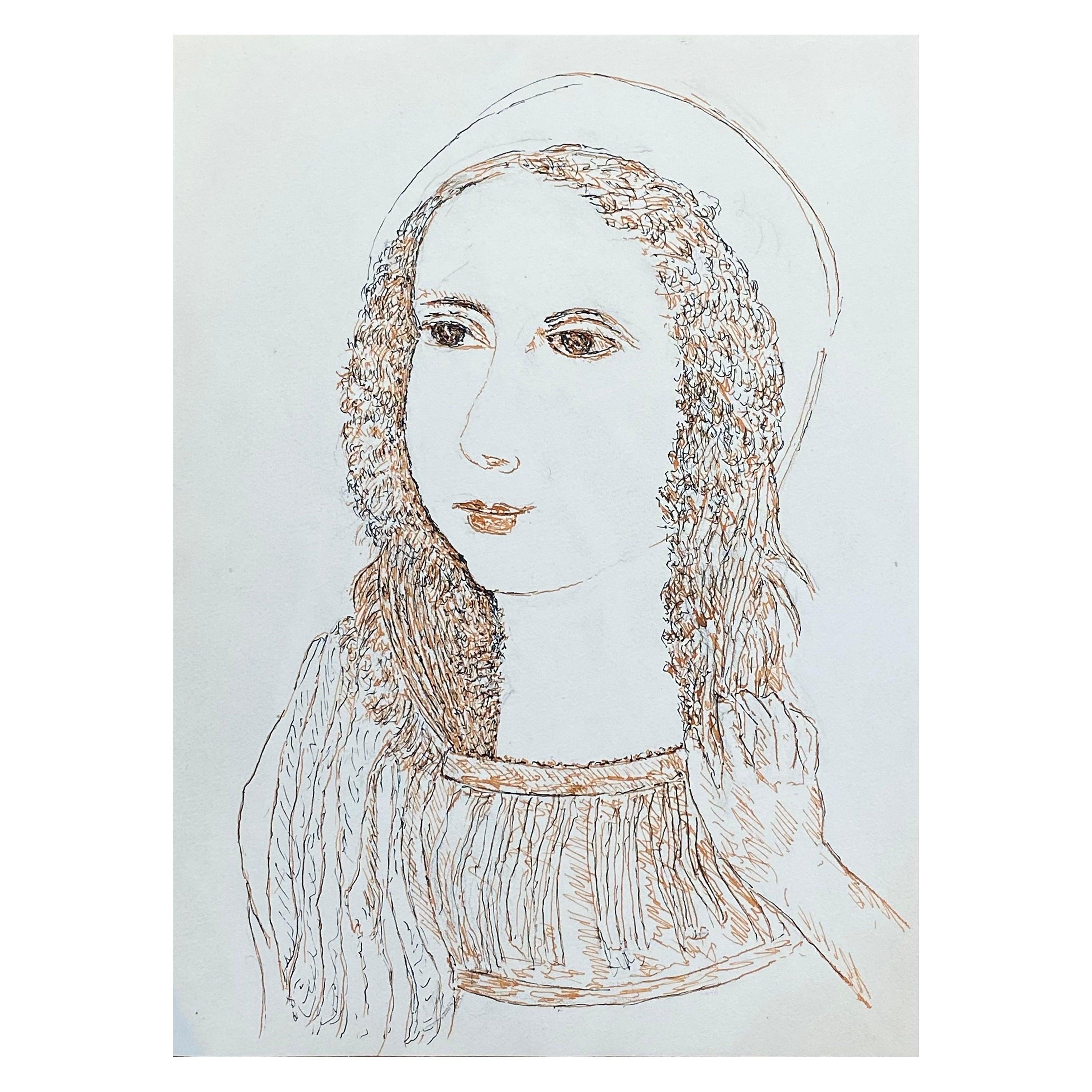 1950's French Modernist/ Cubist Drawing - Portrait Of Lady - Art by Unknown