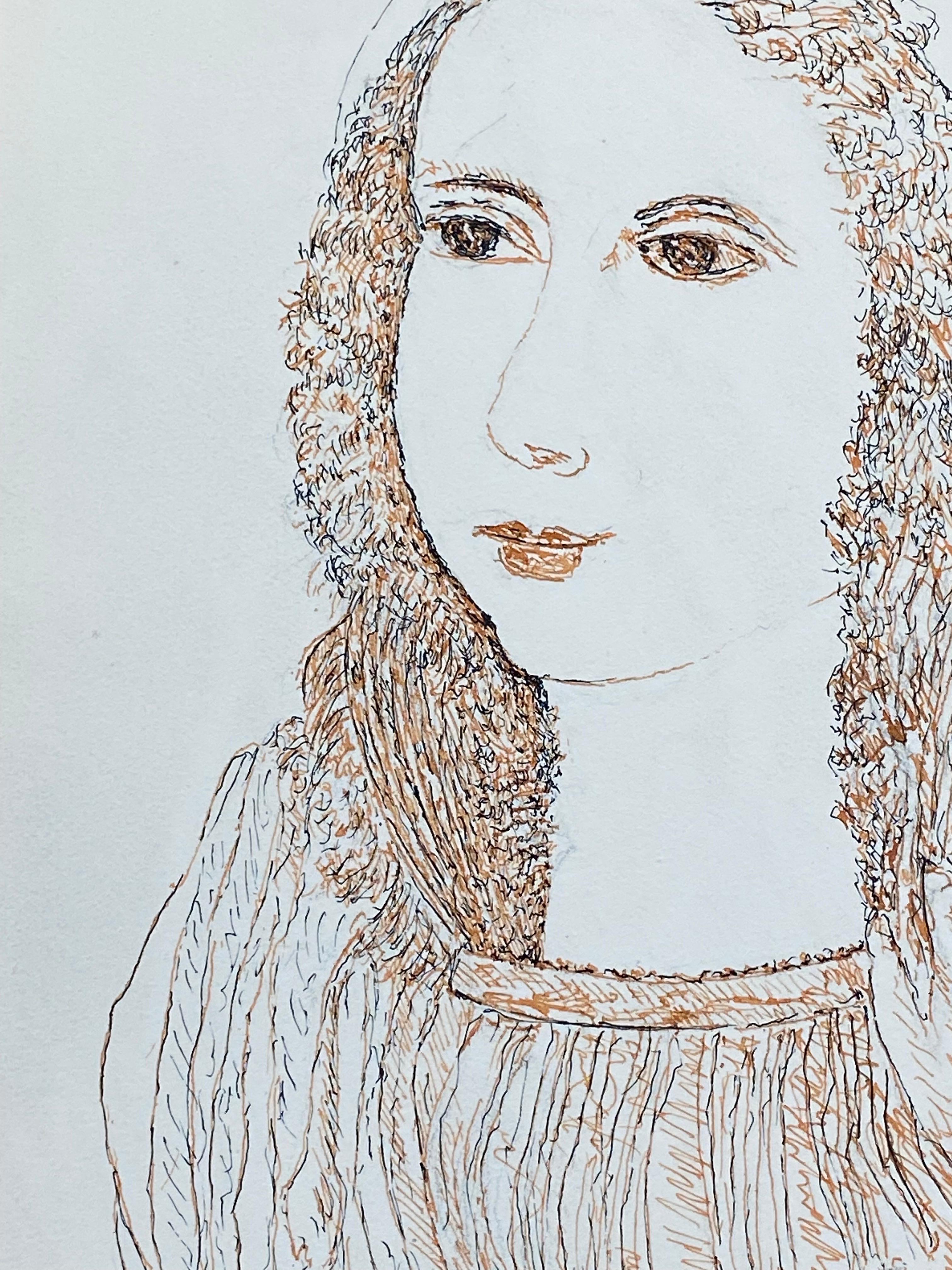 1950's French Modernist/ Cubist Drawing - Portrait Of Lady For Sale 1