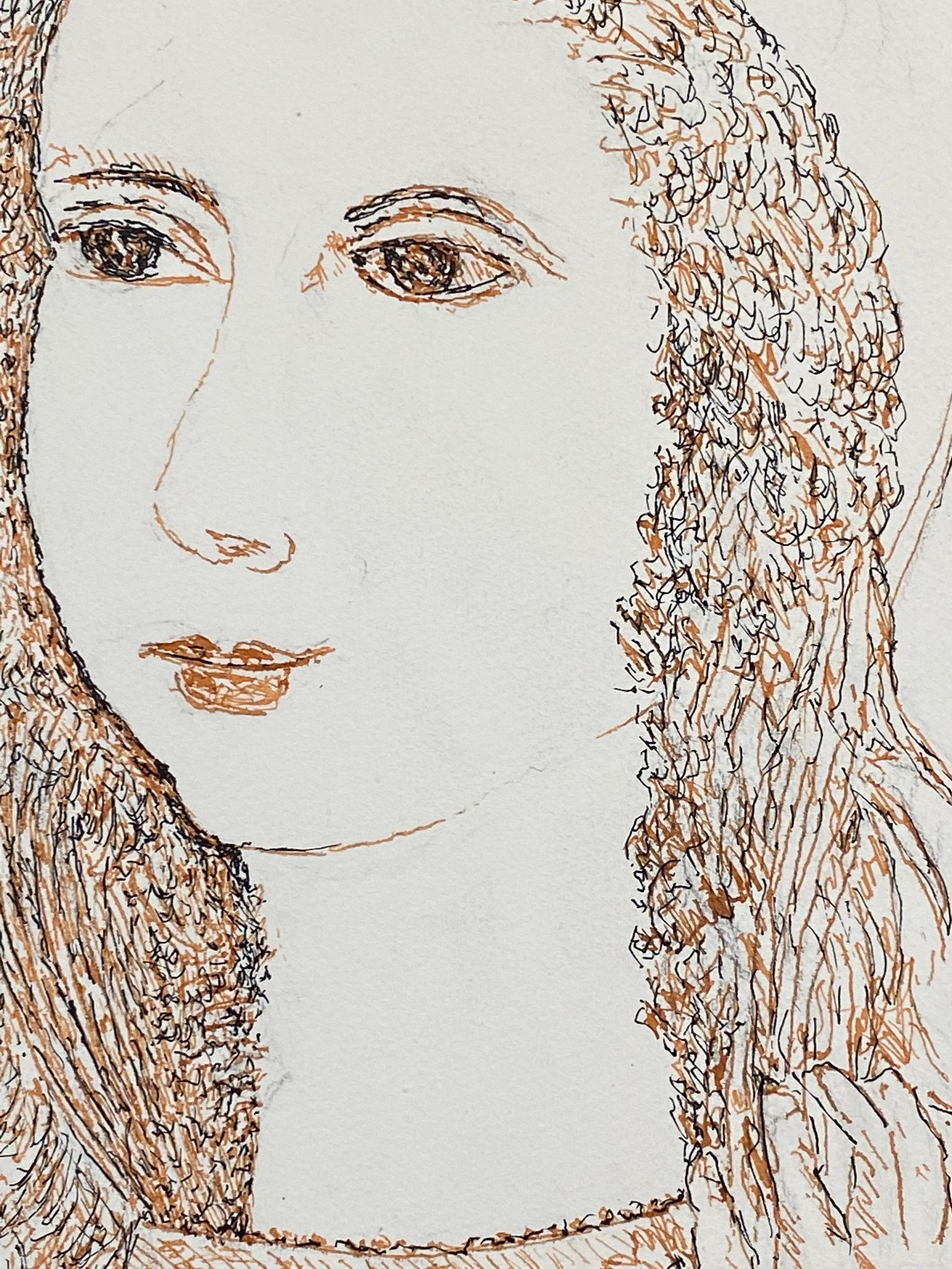 1950's French Modernist/ Cubist Drawing - Portrait Of Lady For Sale 3