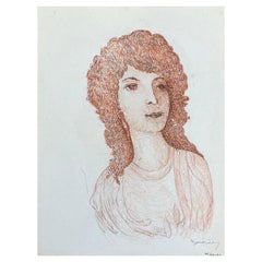 1950's French Modernist / Cubist Drawing, Red Portrait of Lady