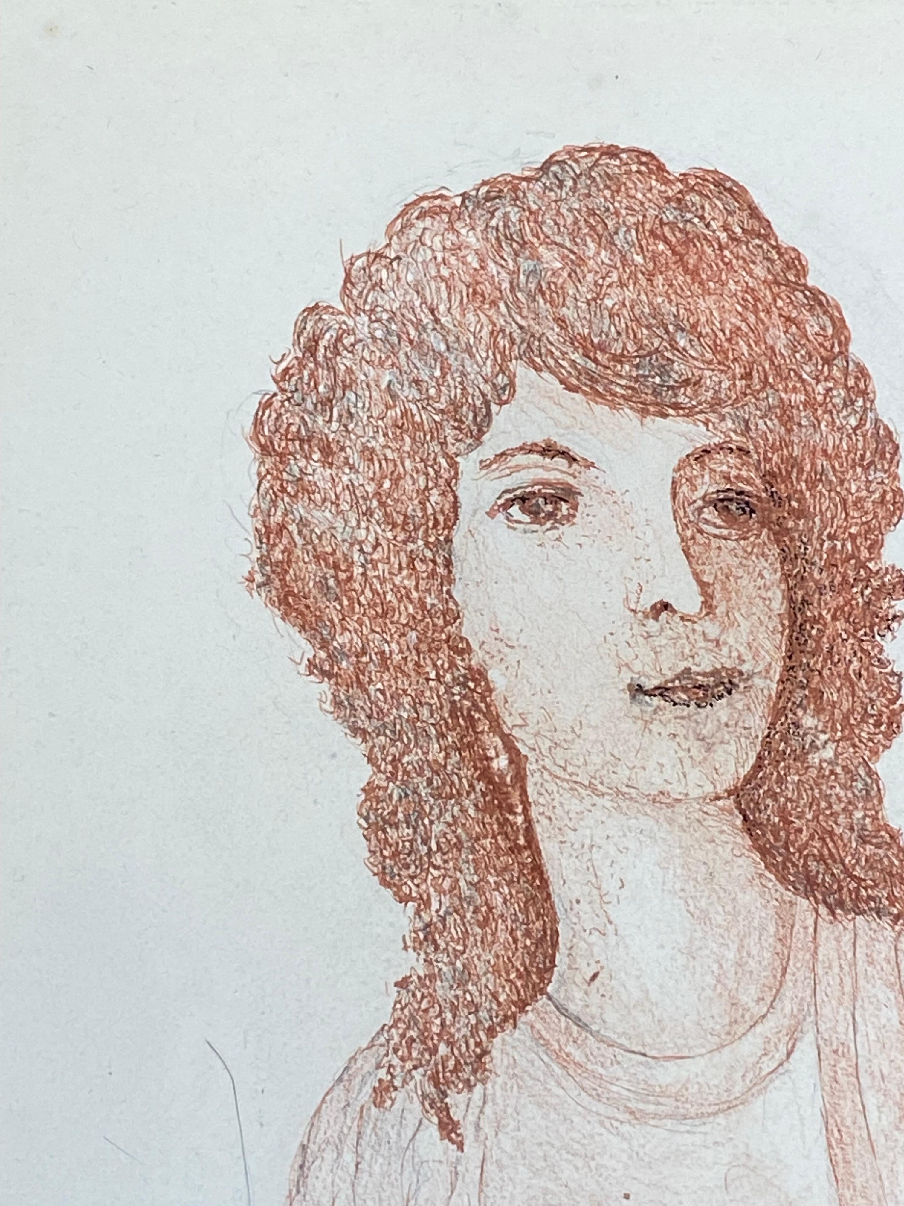 1950's French Modernist / Cubist Drawing, Red Portrait of Lady For Sale 3