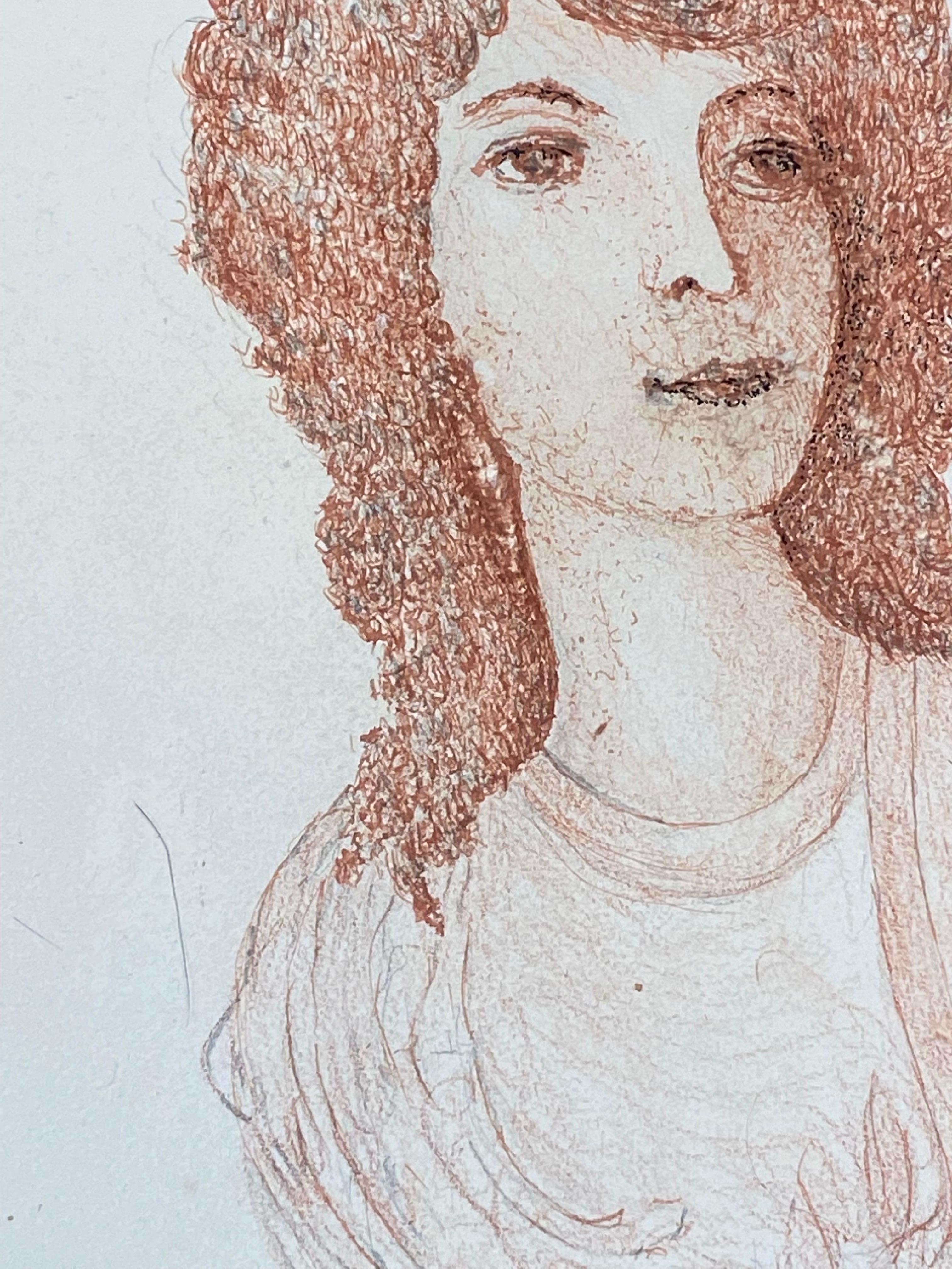 1950's French Modernist / Cubist Drawing, Red Portrait of Lady For Sale 1
