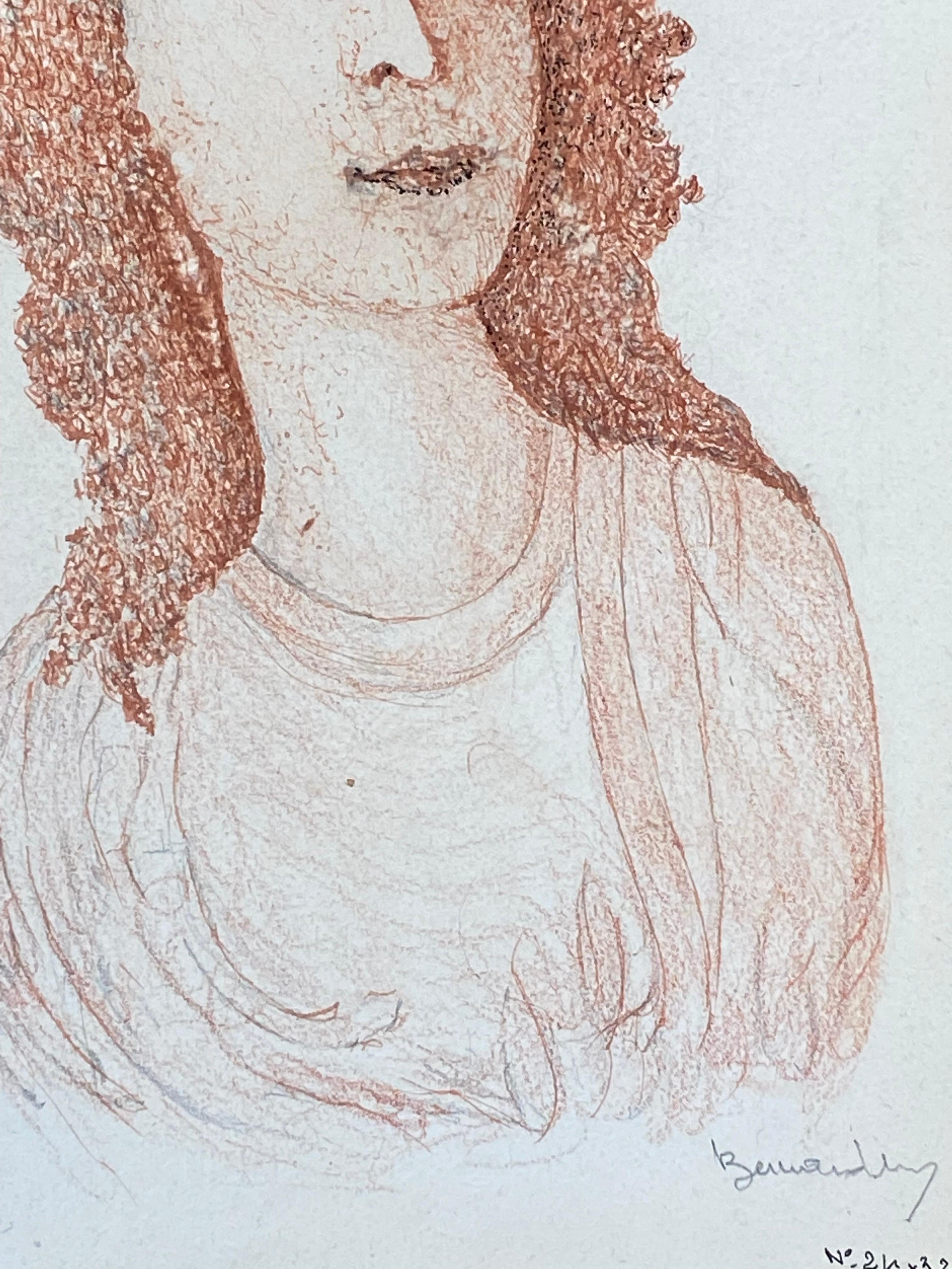 1950's French Modernist / Cubist Drawing, Red Portrait of Lady For Sale 2