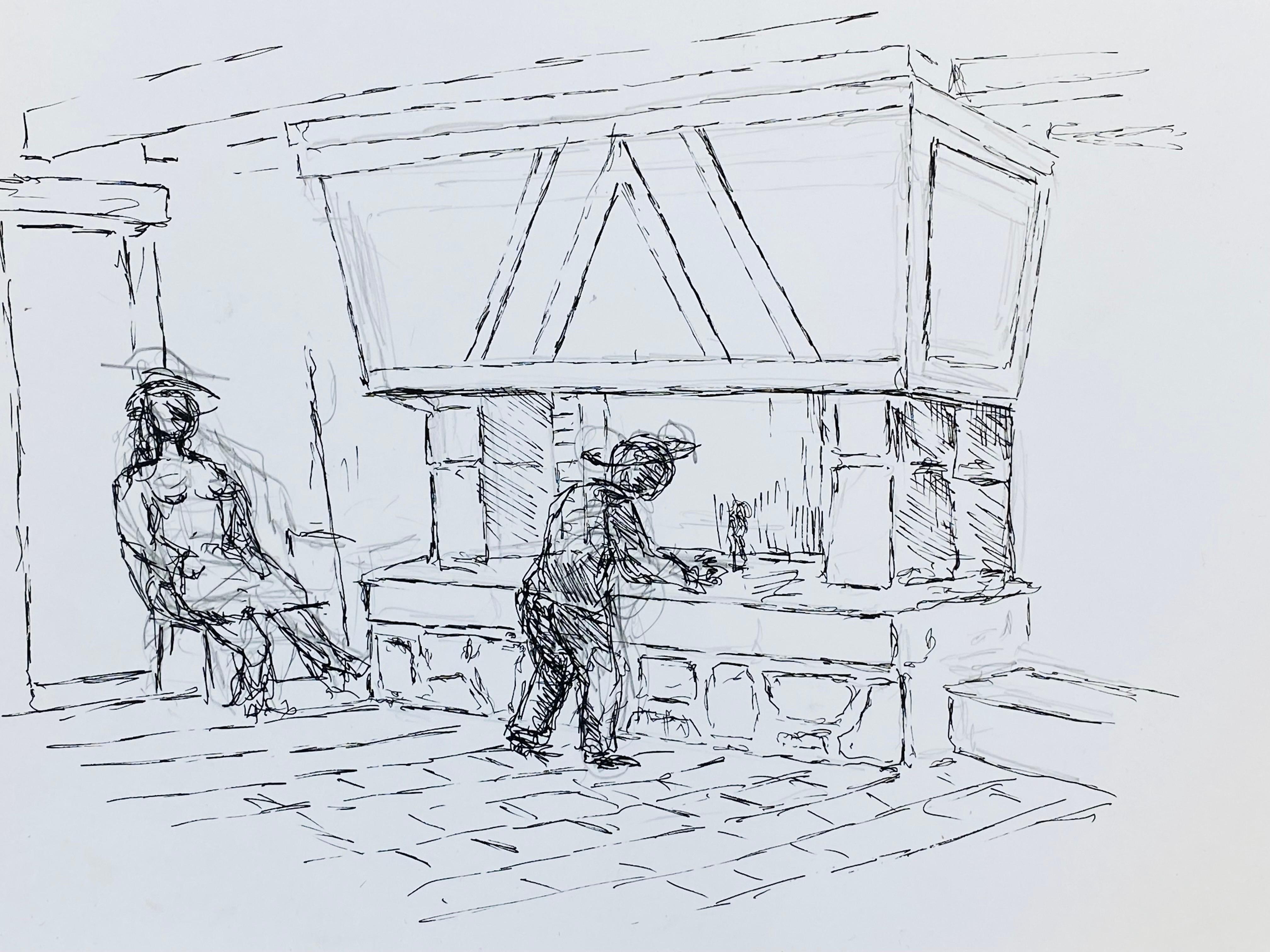 1950's French Modernist/ Cubist Drawing, Two Figures by the Fire Place - Art by Unknown