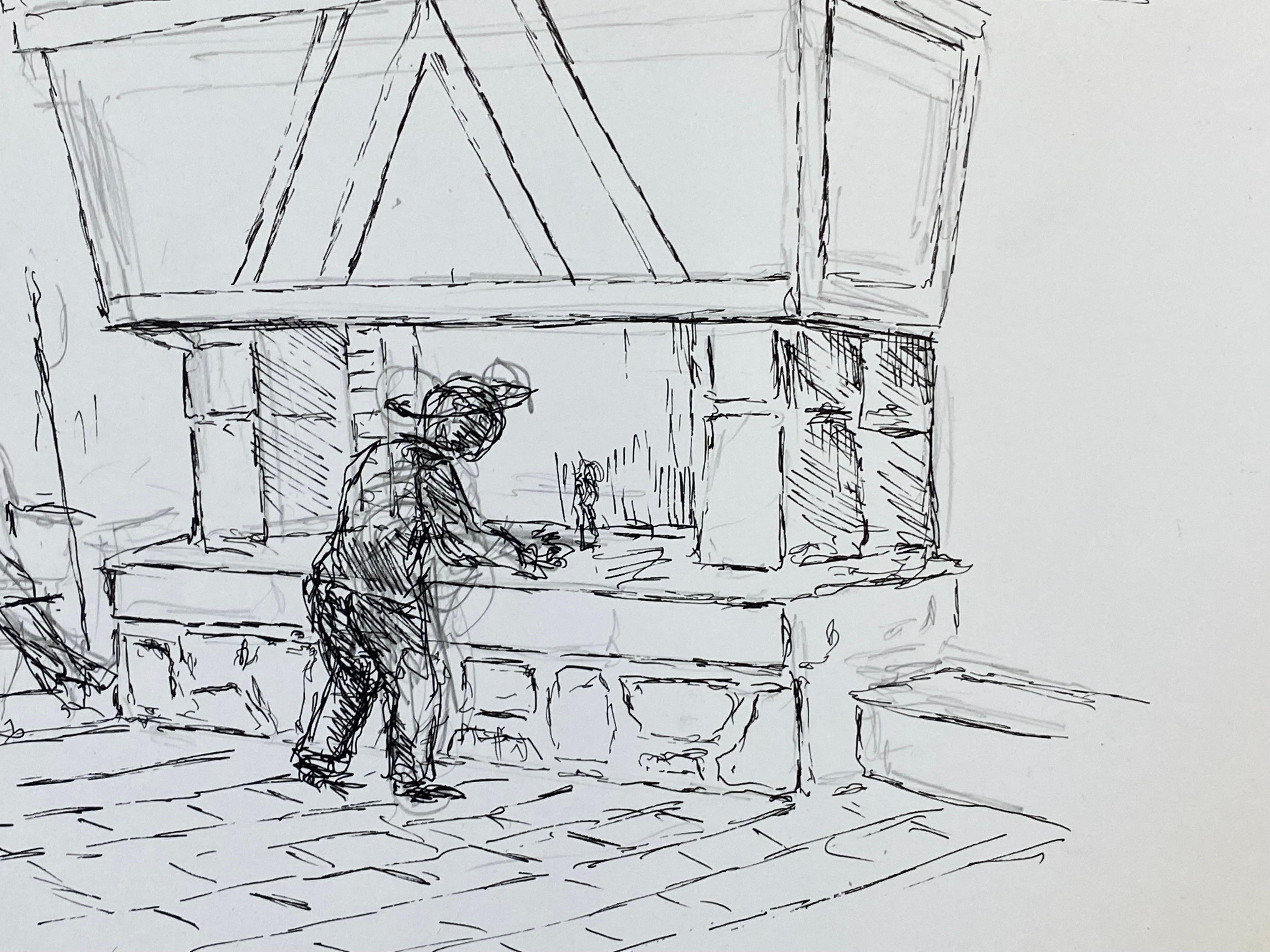 1950's French Modernist/ Cubist Drawing, Two Figures by the Fire Place - Gray Figurative Art by Unknown