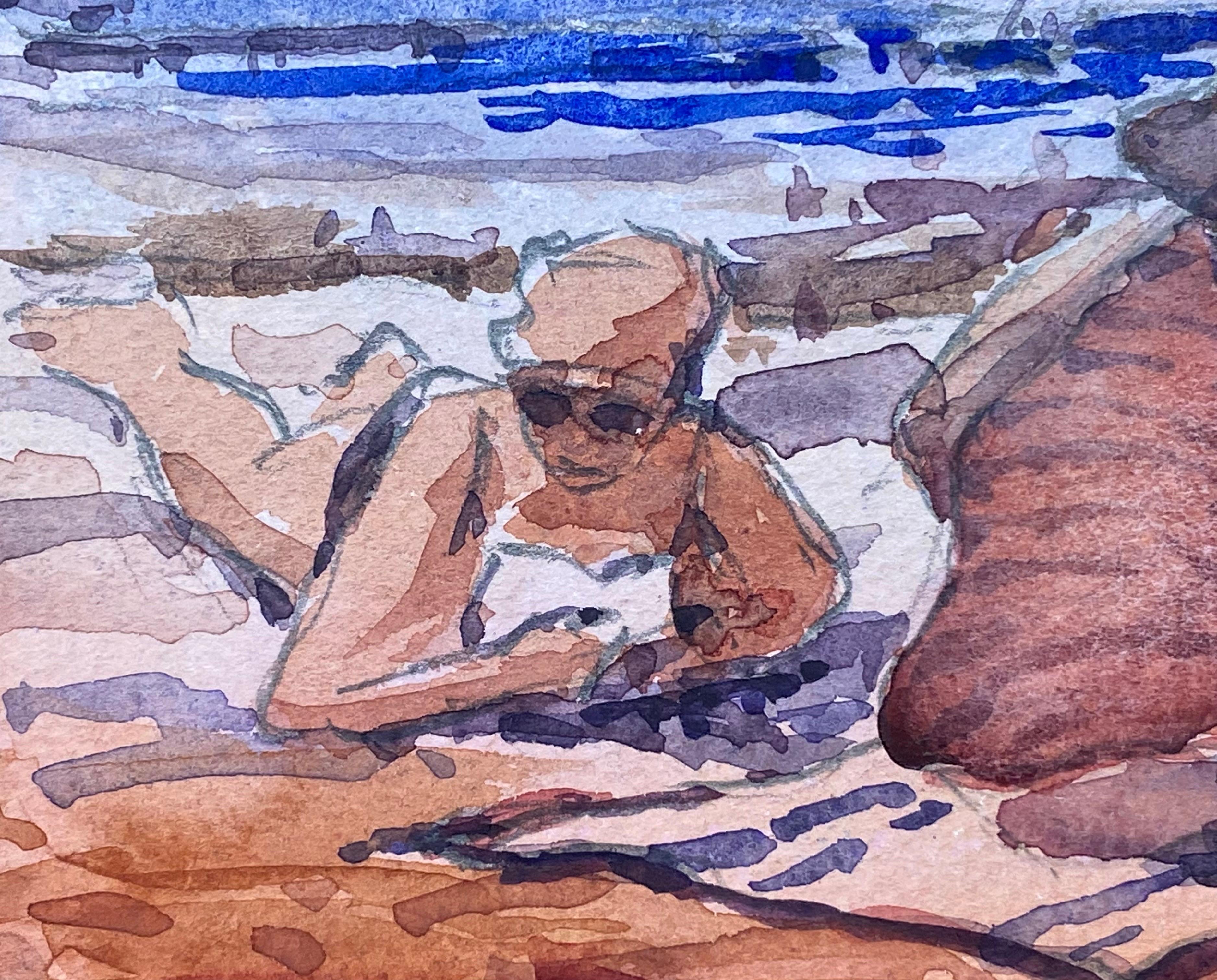 Maurice Mazeilie, French Impressionist Watercolour - Two Figures At The Beach For Sale 1