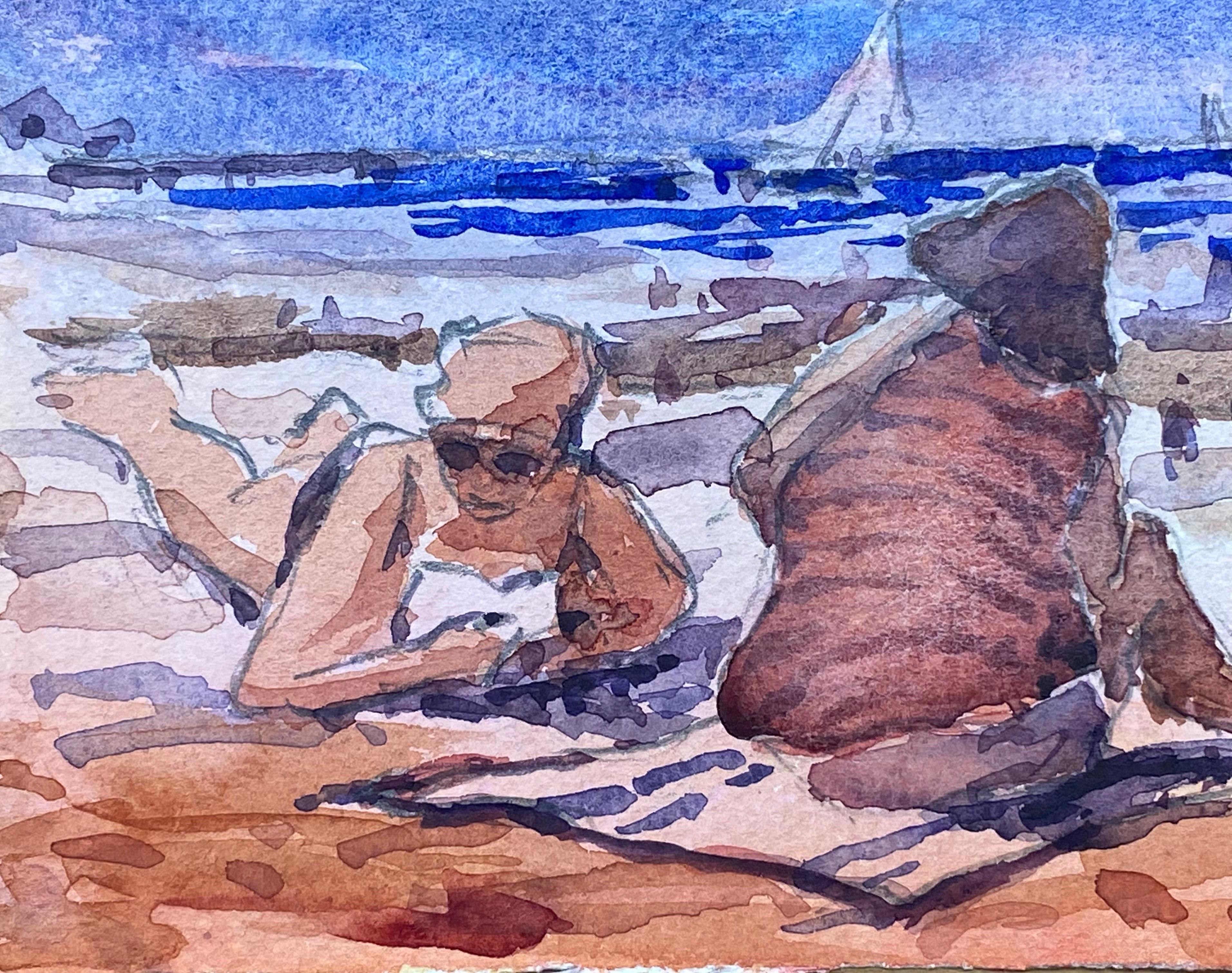 Maurice Mazeilie, French Impressionist Watercolour - Two Figures At The Beach - Art by Unknown