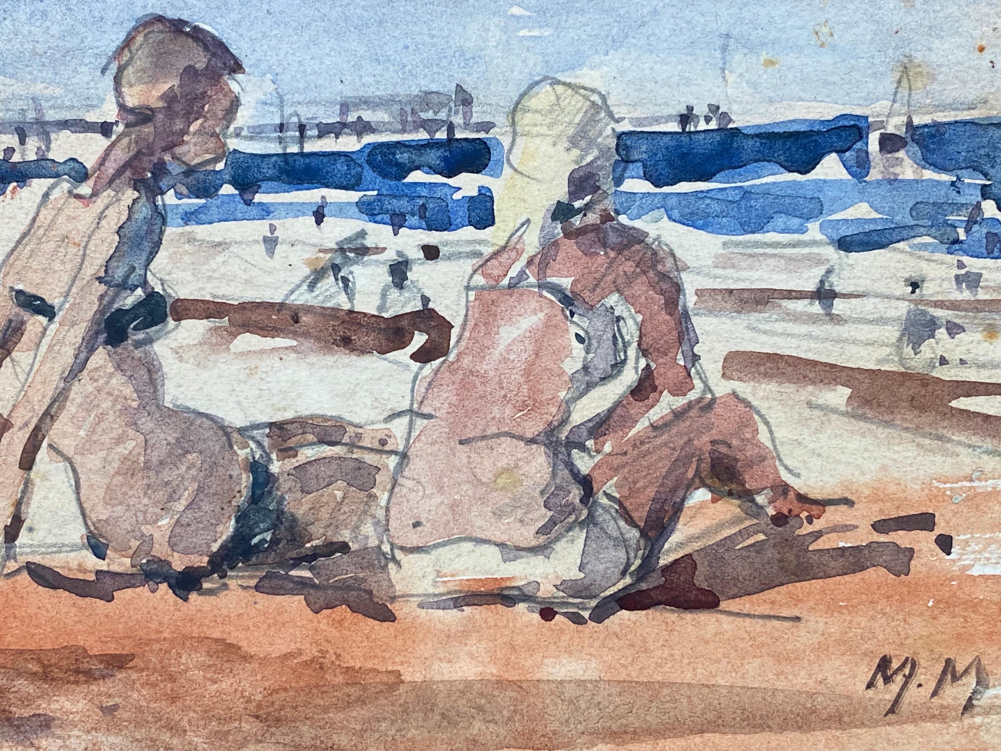 Maurice Mazeilie, French Impressionist Watercolour, Sunbathing Woman - Gray Figurative Art by Unknown