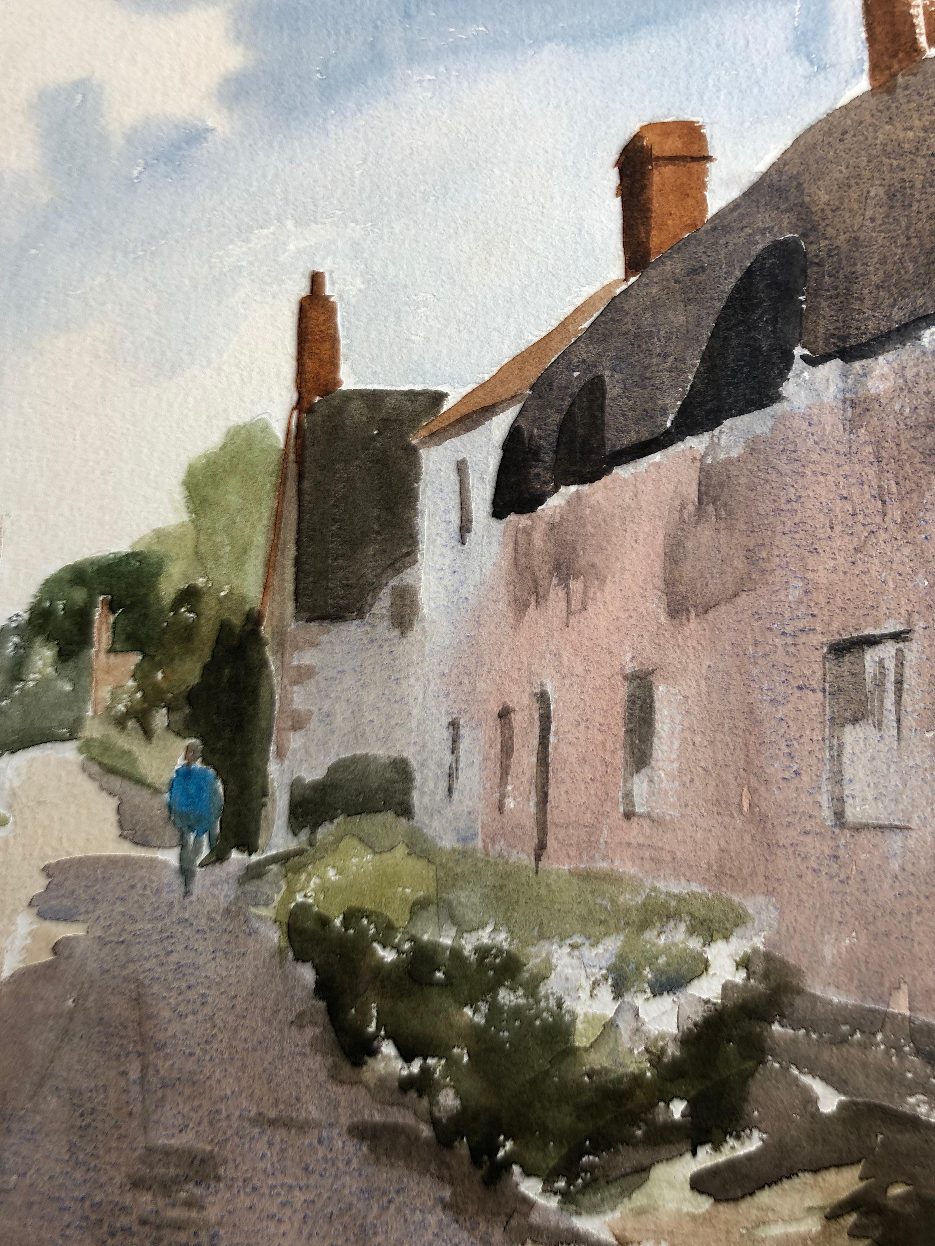 Thatched Cottages Rural Street, peinture originale à l'aquarelle britannique en vente 1