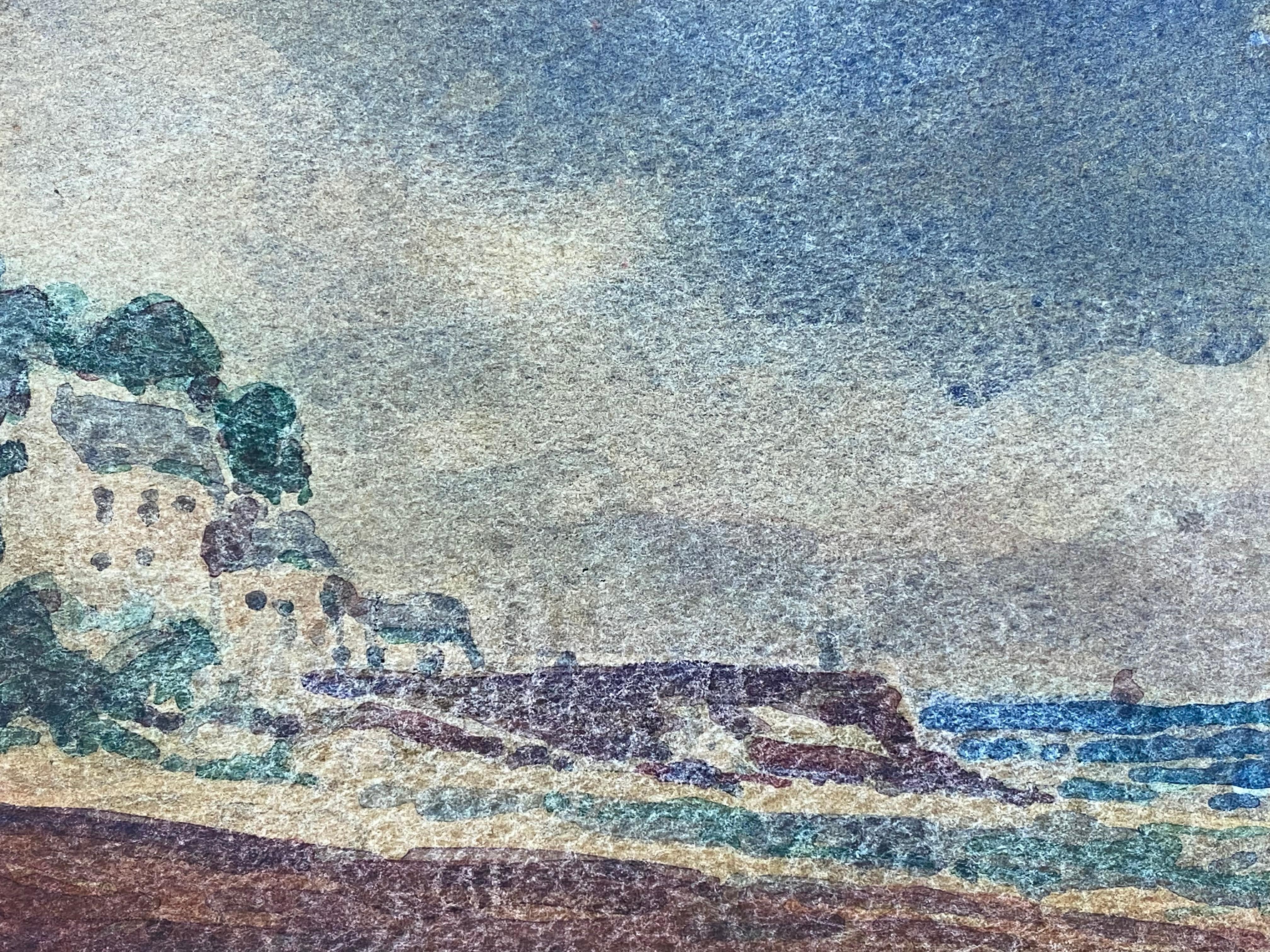 Maurice Mazeilie, acuarela impresionista francesa - Paisaje de playa - Landscape Art Gris de Unknown