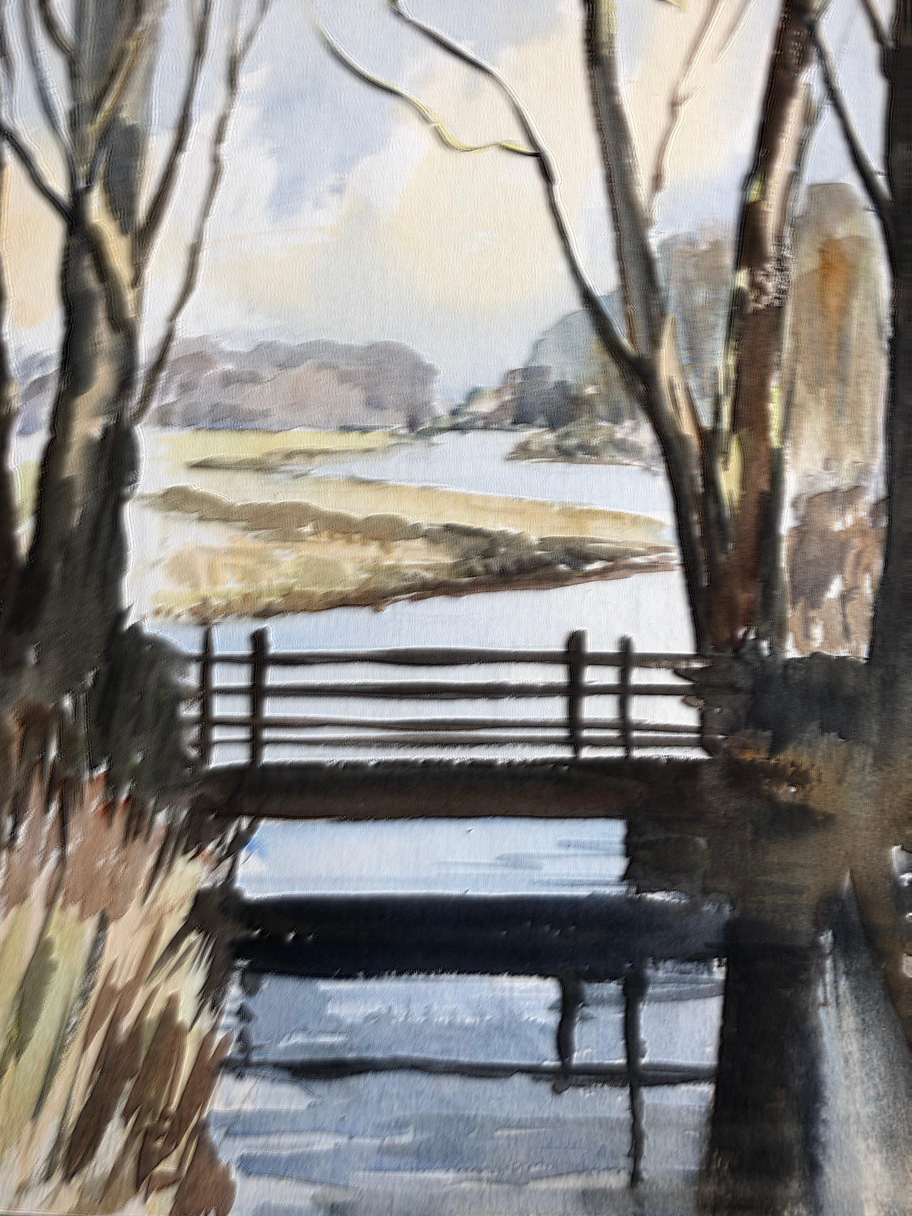 Puente sobre el río, pintura original británica en acuarela firmada - Art de Unknown