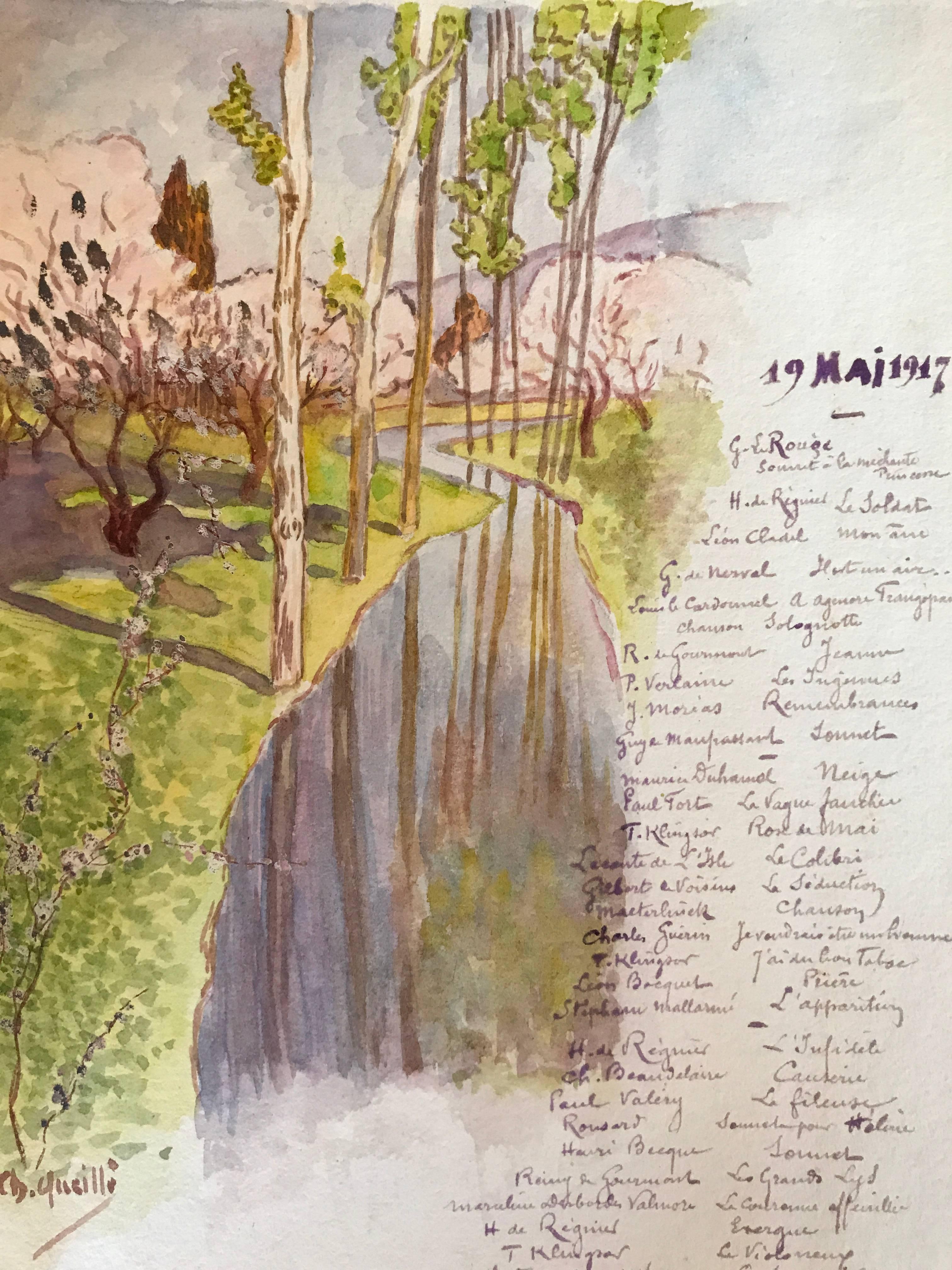 Beautiful group of nine (9) original French watercolour paintings - mainly of a floral and landscape nature. The works date between 1904 and 1941 - with the majority being around the 1910's and 1920's period. 

The paintings are all inscribed