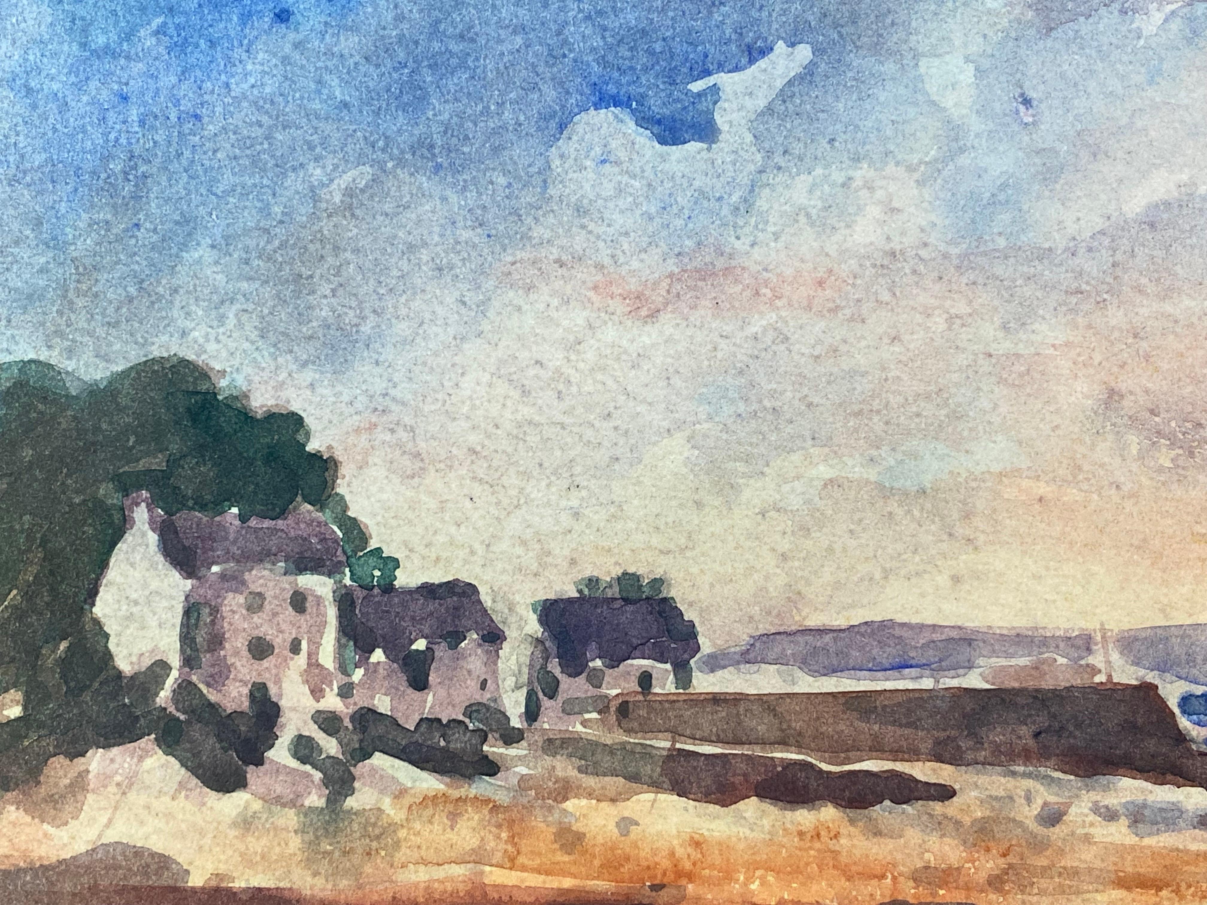 Maurice Mazeilie, acuarela impresionista francesa - Paisaje de playa - Landscape Art Gris de Unknown