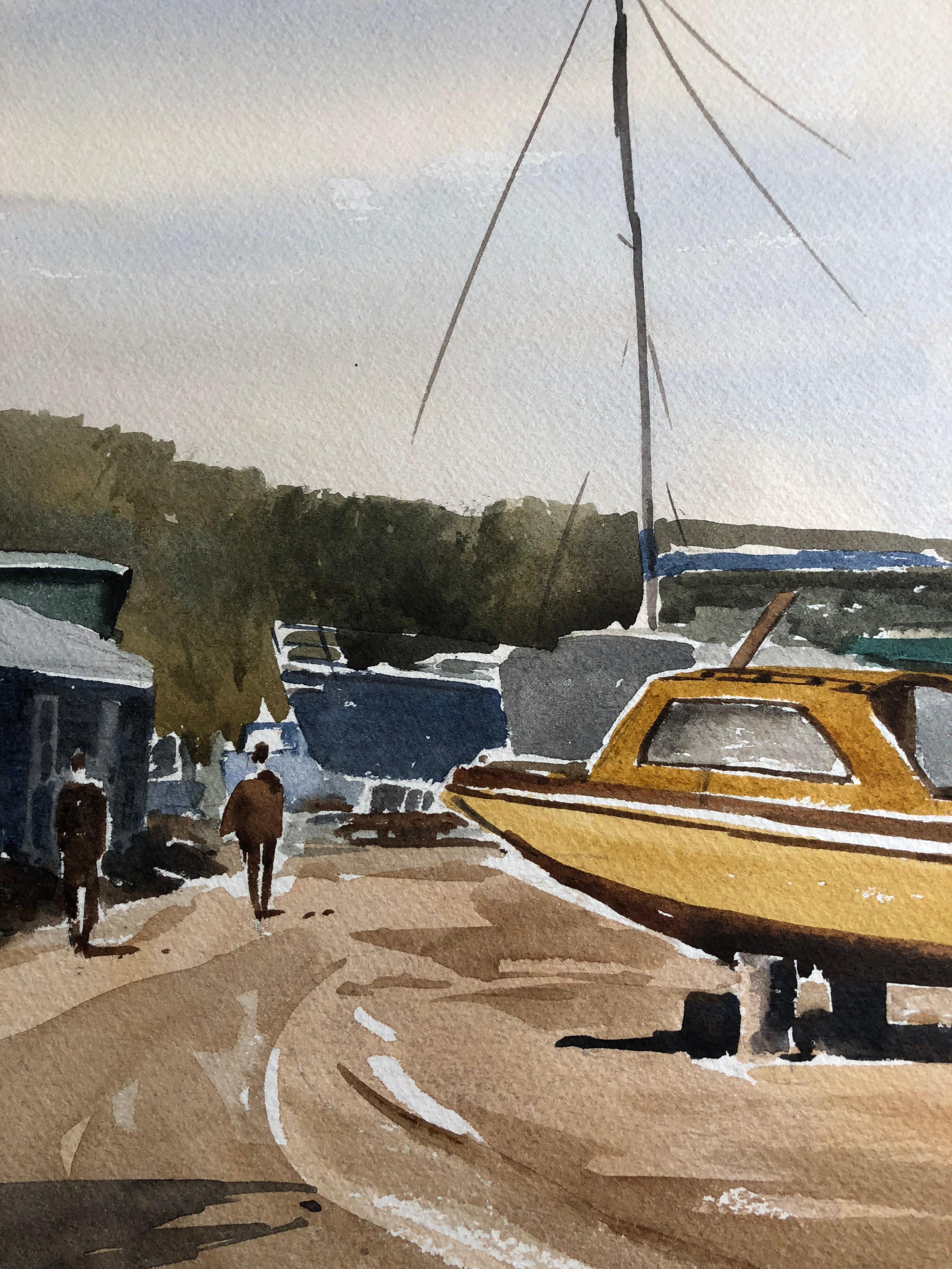 Chantier naval de la rivière Yar, aquarelle originale britannique - Beige Landscape Art par Unknown
