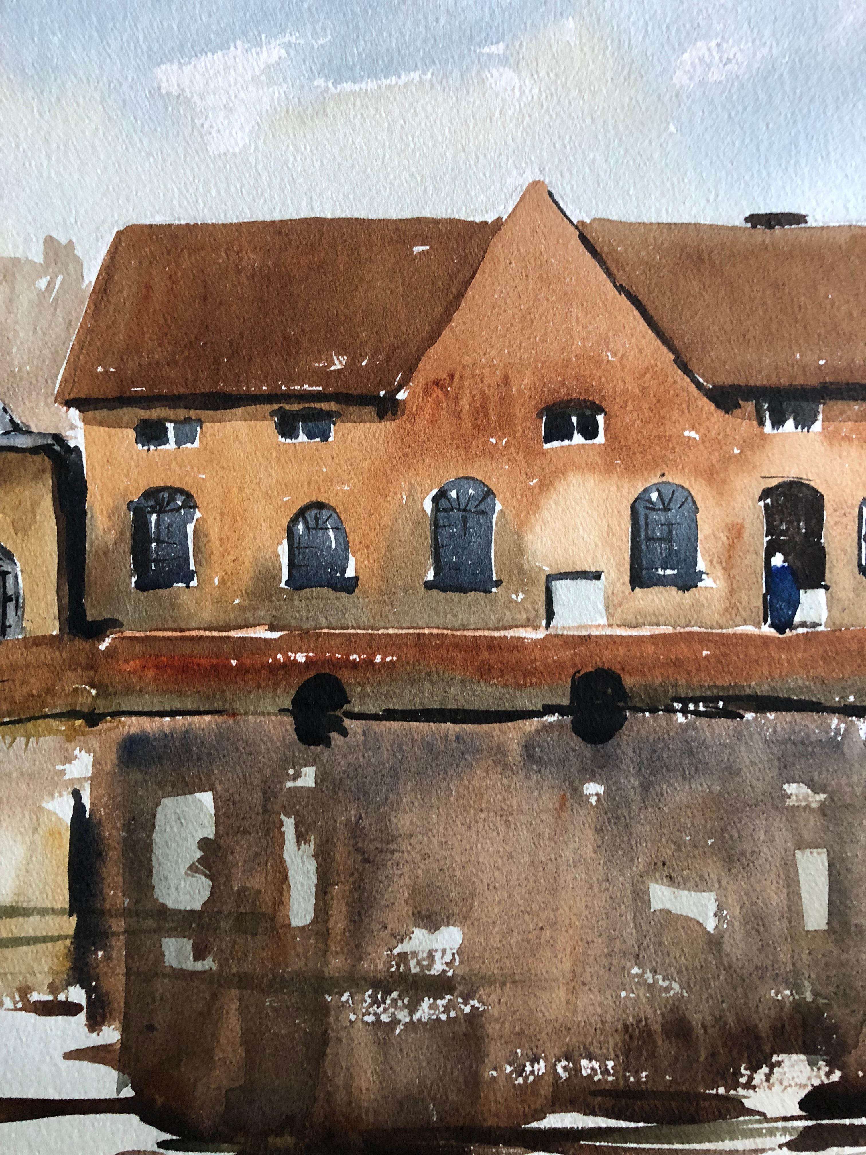 Trafford Mill, Pintura original británica a la acuarela - Landscape Art Marrón de Unknown