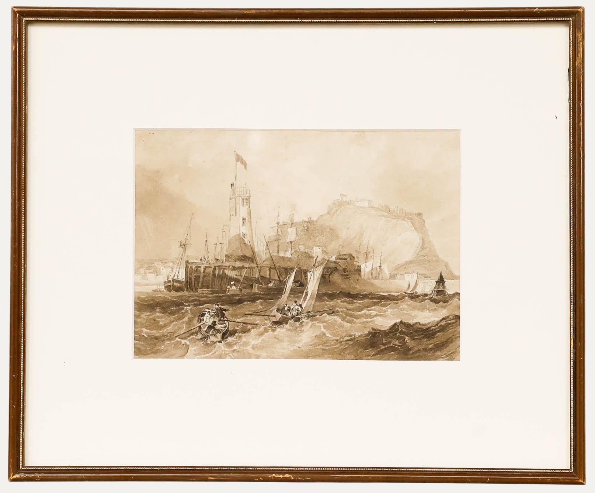 Ein stimmungsvolles Aquarell aus dem frühen 20. Jahrhundert, das Charles Bentley (1806-1854) zugeschrieben wird. Es zeigt Segelboote, die durch kabbelige Gewässer fahren, und schäumende Wellen, die gegen den Kai schlagen. Nicht signiert. Elegant
