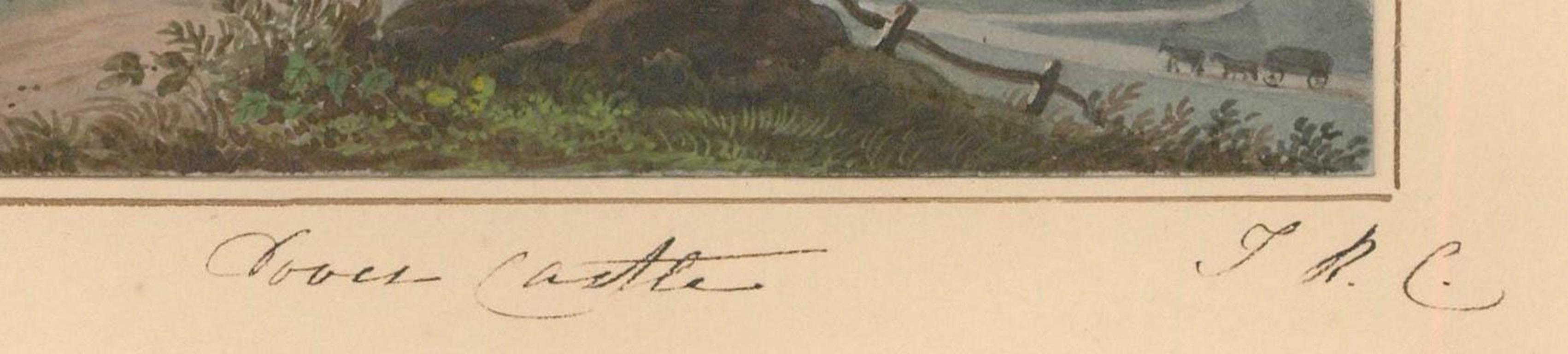 This exquisitely executed watercolour depicts a picturesque view of Dover Castle with children ship spotting in the foreground. The work is signed with the artist's initials on the backing paper and inscribed with location details. On paper.