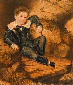 W.S. Record - Framed 19th Century Watercolour, Young Boy Sitting on Rocks