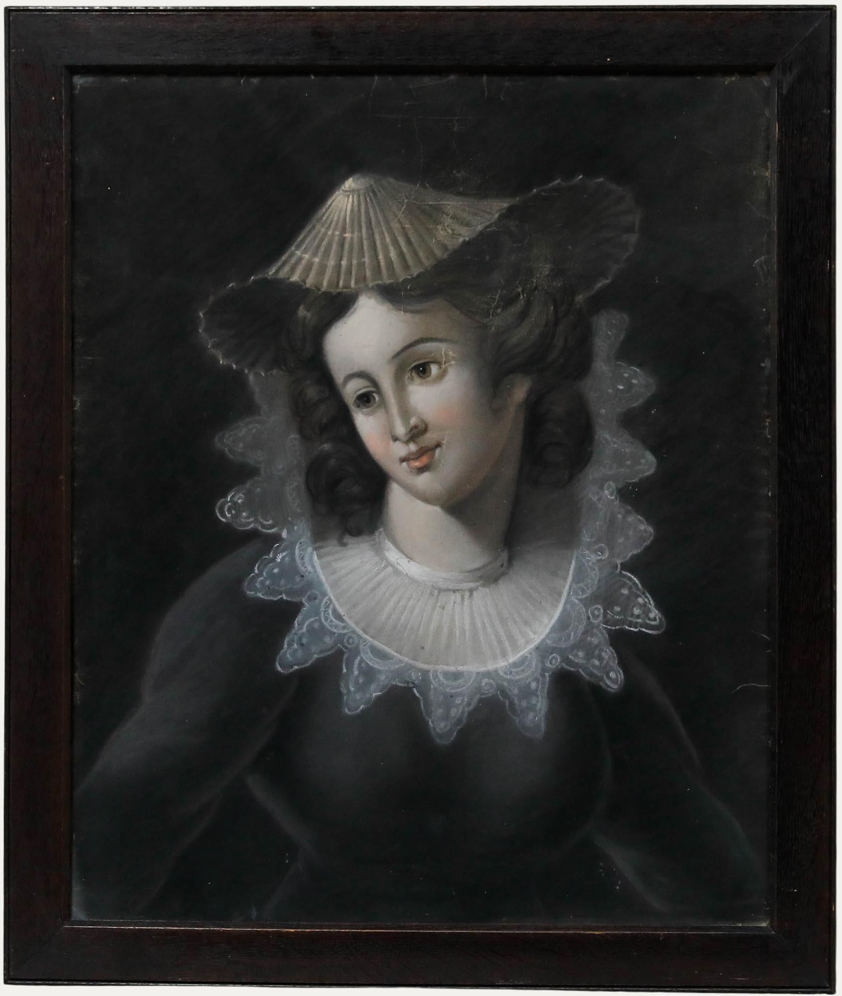 Pastel encadré de la fin du 19e siècle - Portrait d
une dame portant un attifet