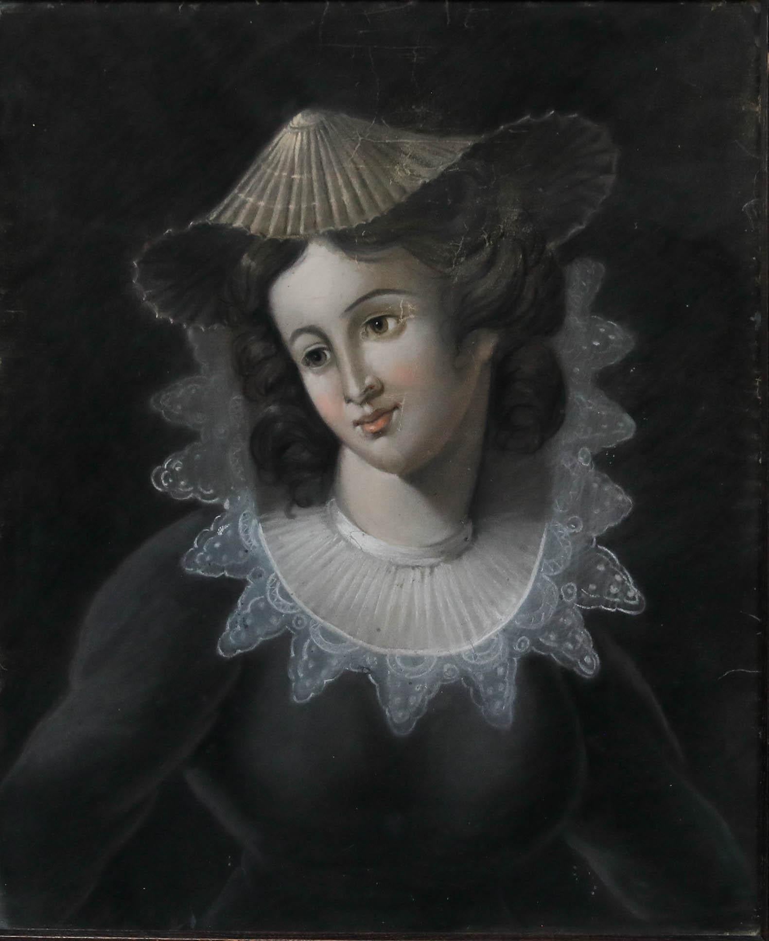 Pastel enmarcado de finales del siglo XIX - Retrato de una dama con atuendo - Art de Unknown